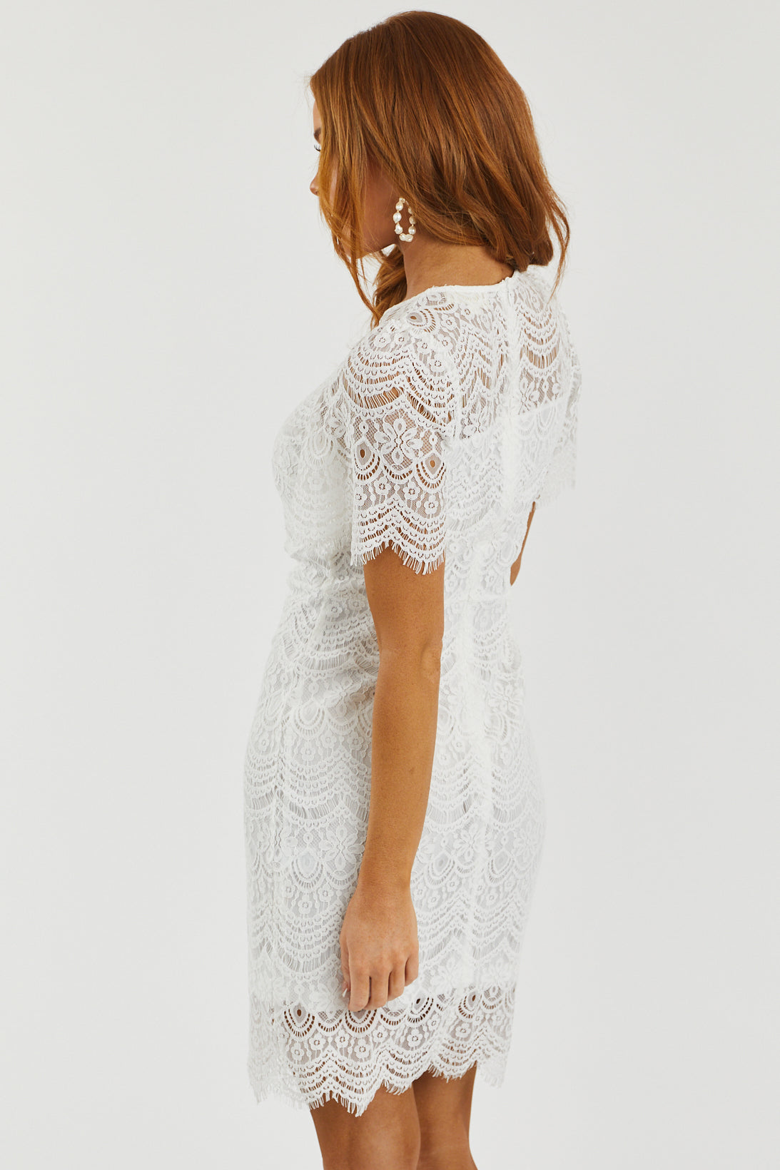 Off White Scalloped Hem Lace Mini Dress