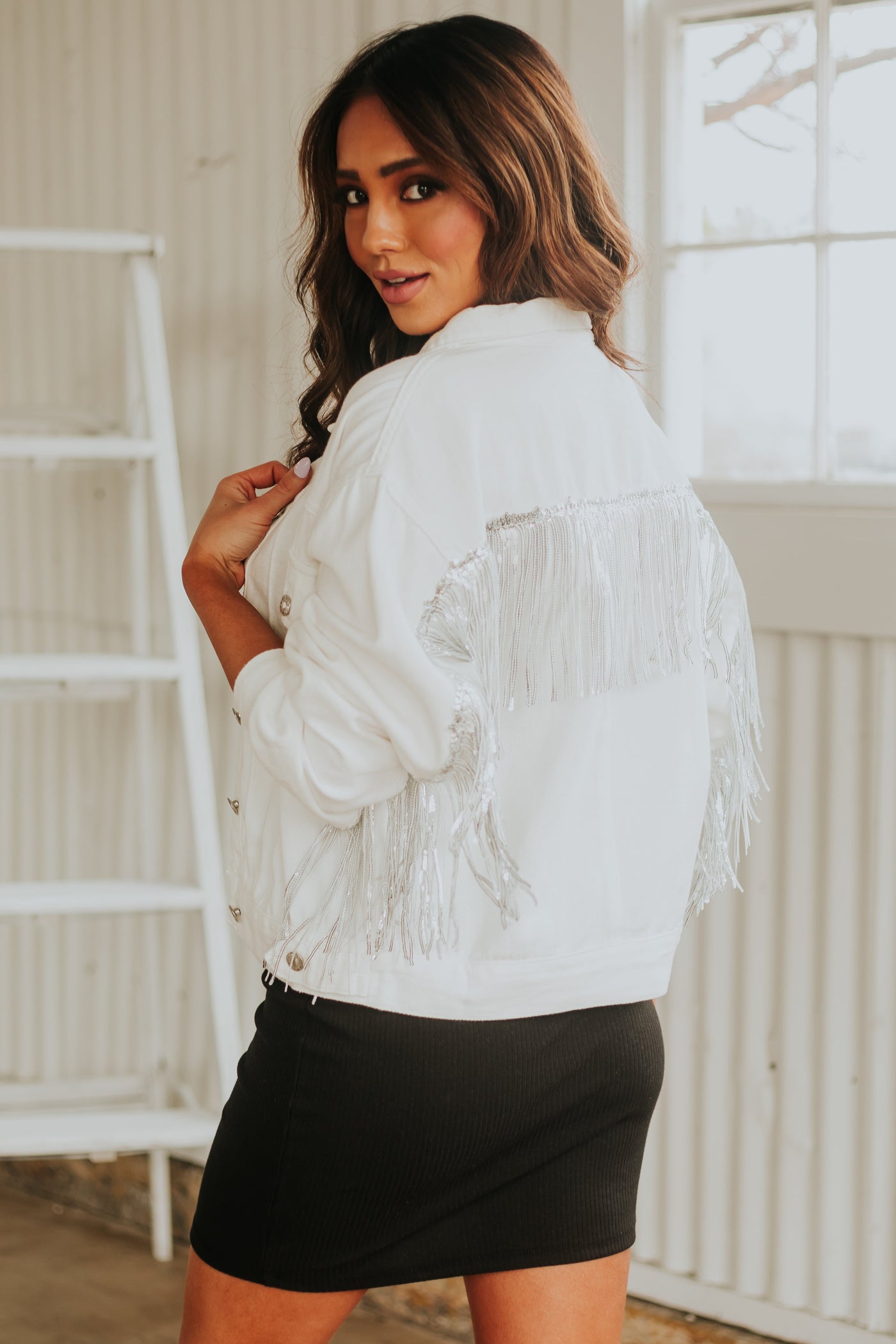 Off White Sequin Fringe Button Up Denim Jacket