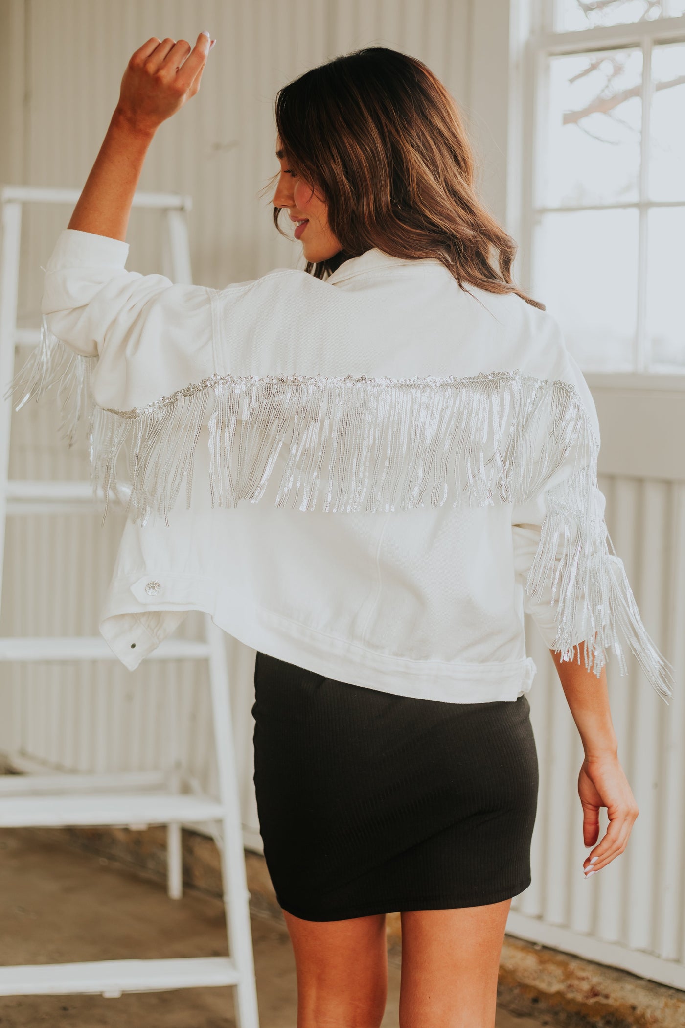 Off White Sequin Fringe Button Up Denim Jacket