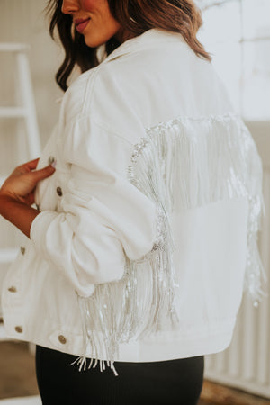 Off White Sequin Fringe Button Up Denim Jacket