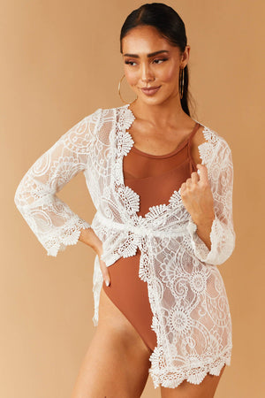 Off White Sheer Lace Long Sleeve Swim Cover Up