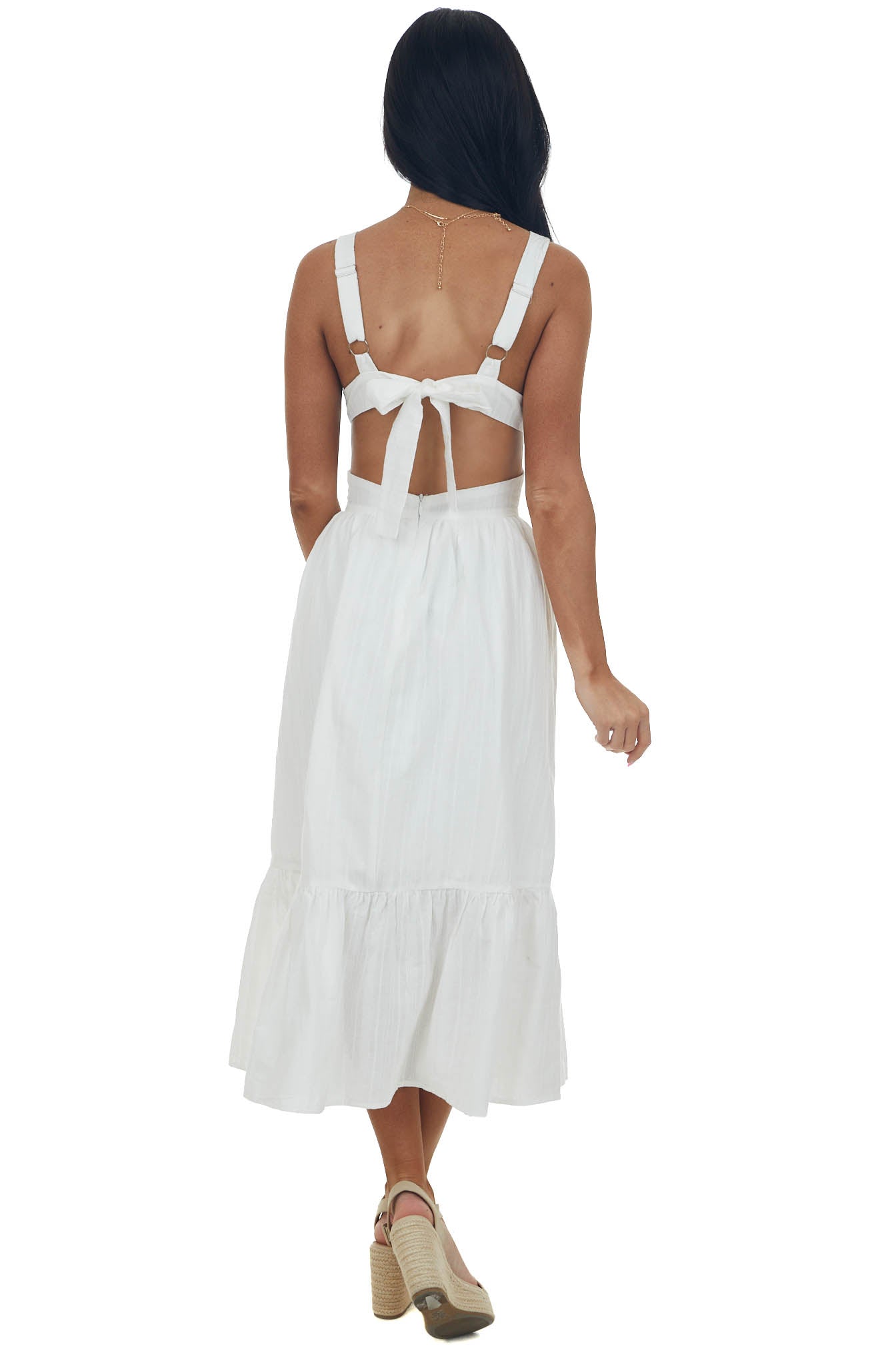 Off White Sleeveless Plunging V Neck Midi Dress