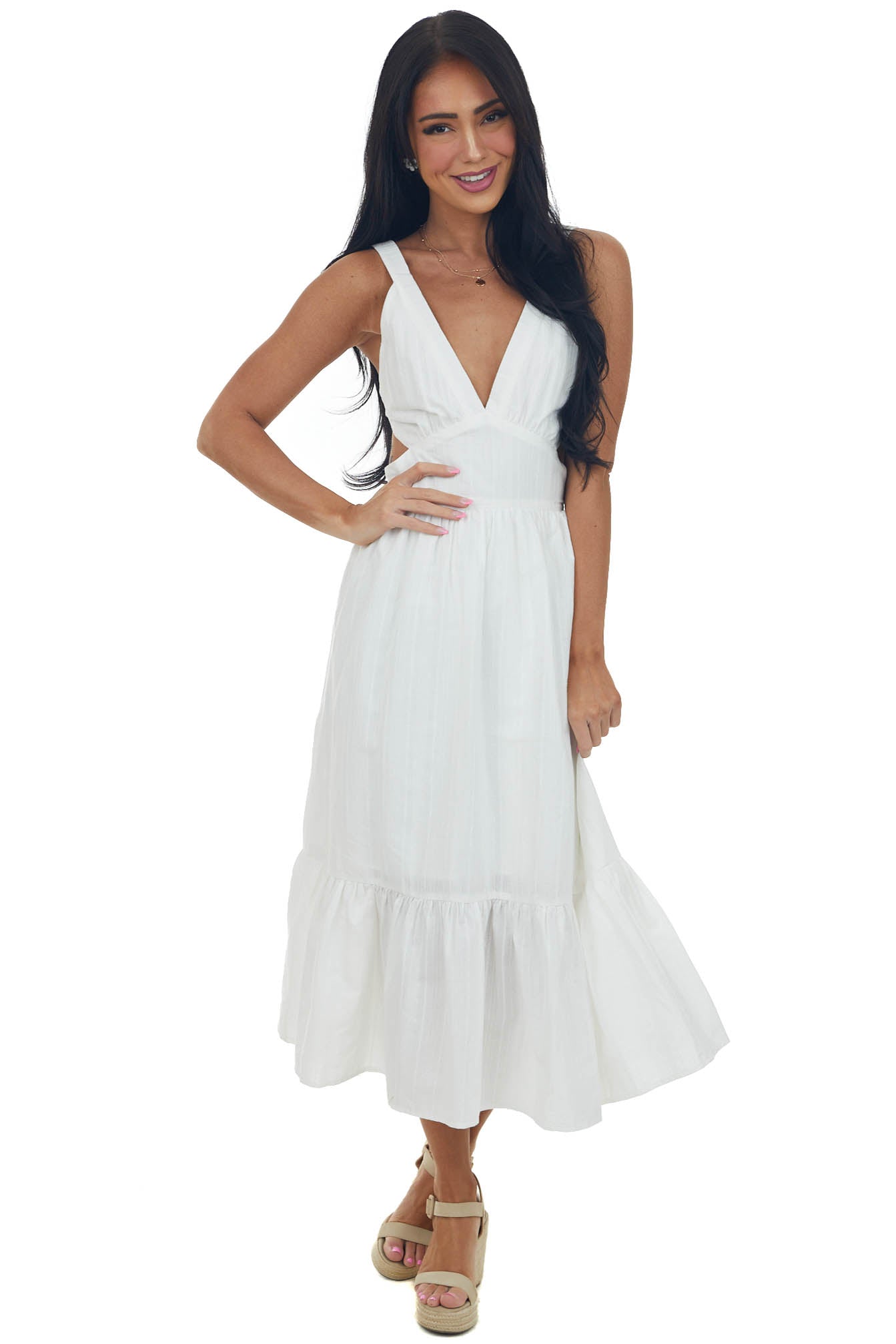 Off White Sleeveless Plunging V Neck Midi Dress