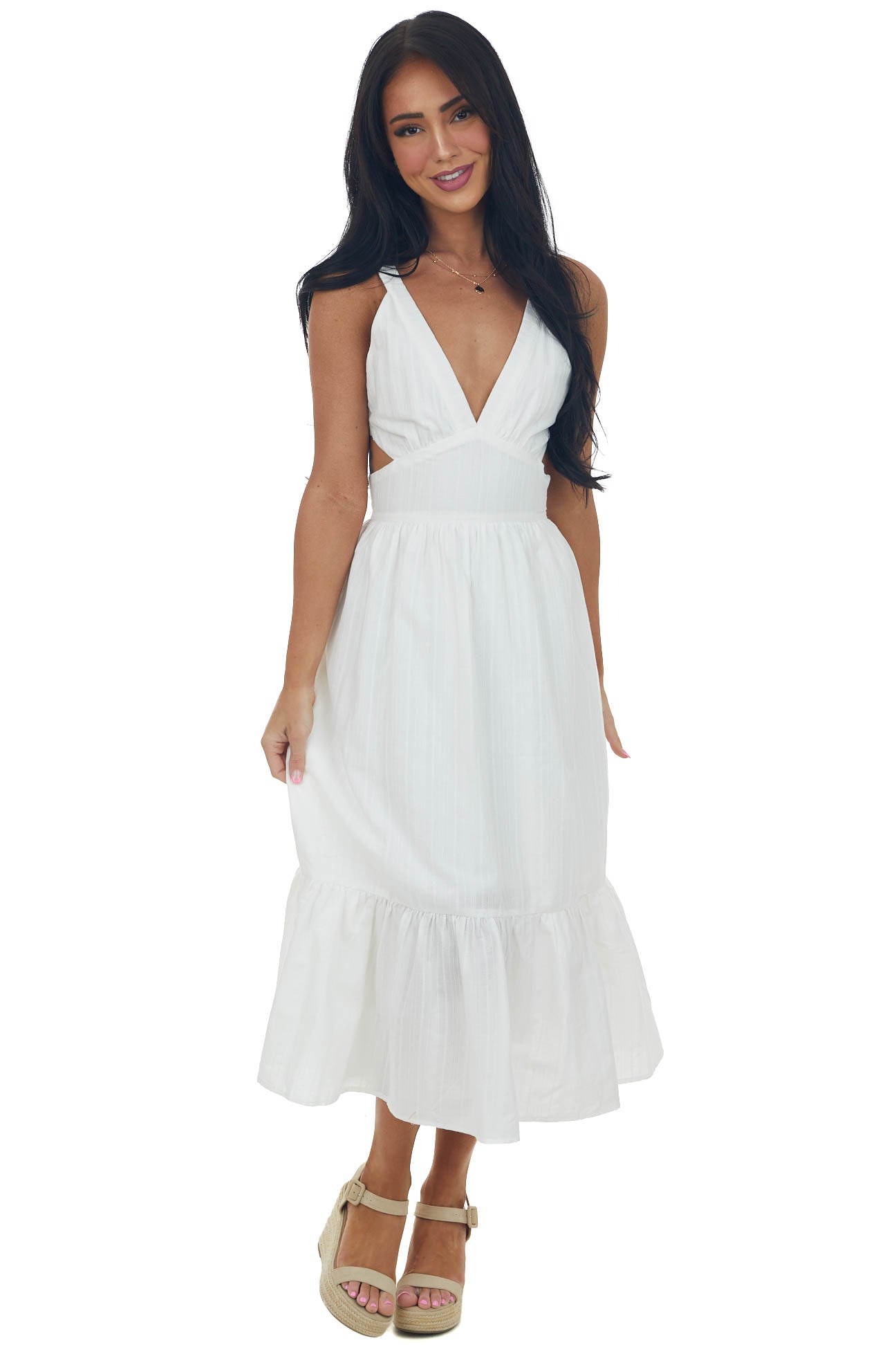 Off White Sleeveless Plunging V Neck Midi Dress
