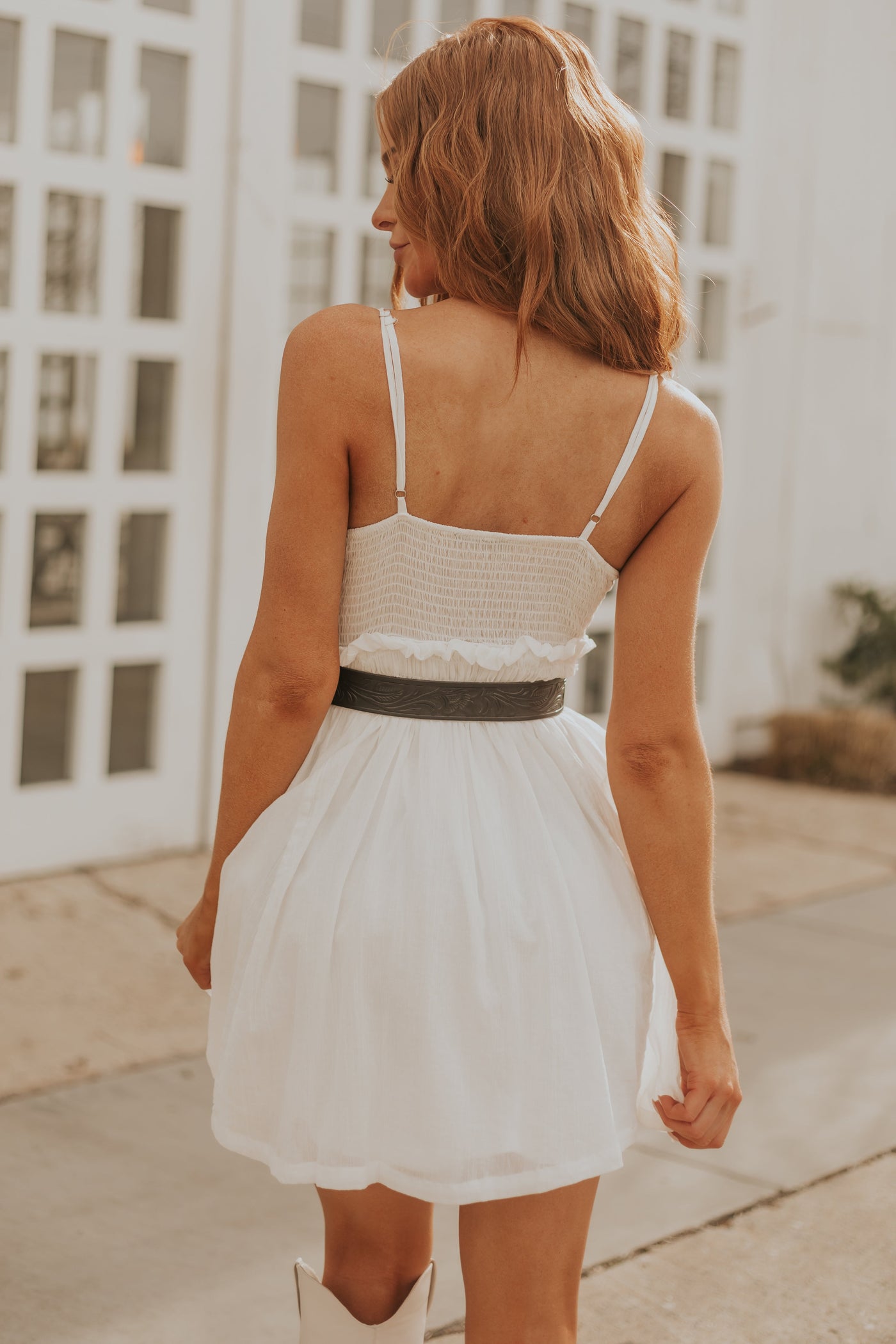 Off White Sleeveless Smocked Mini Dress