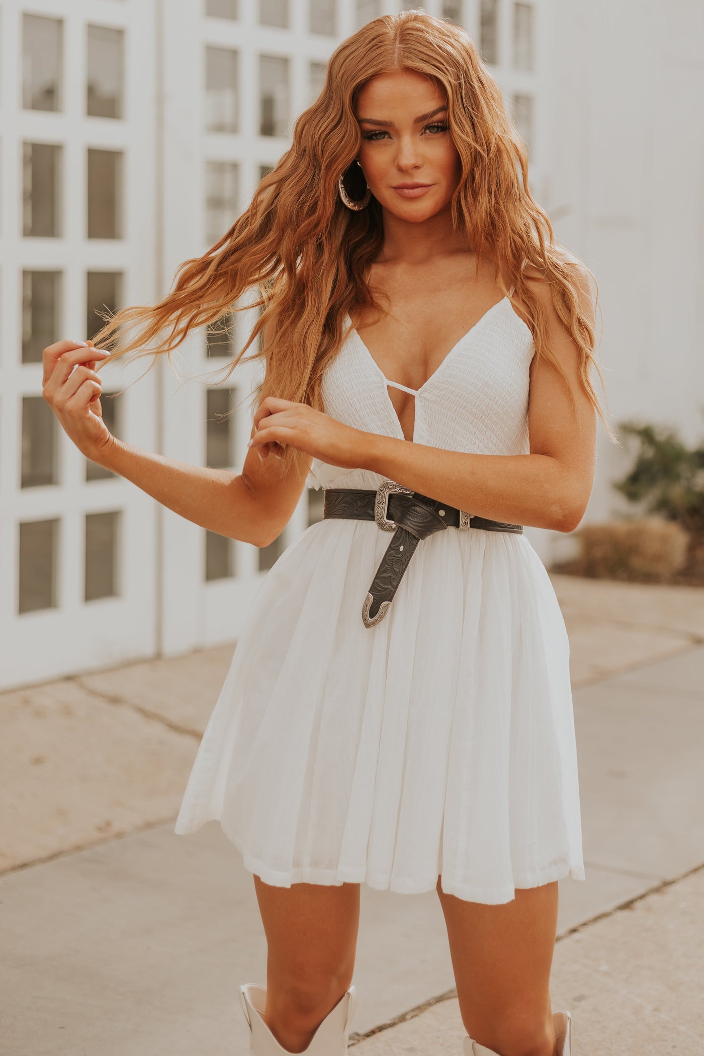 Off White Sleeveless Smocked Mini Dress