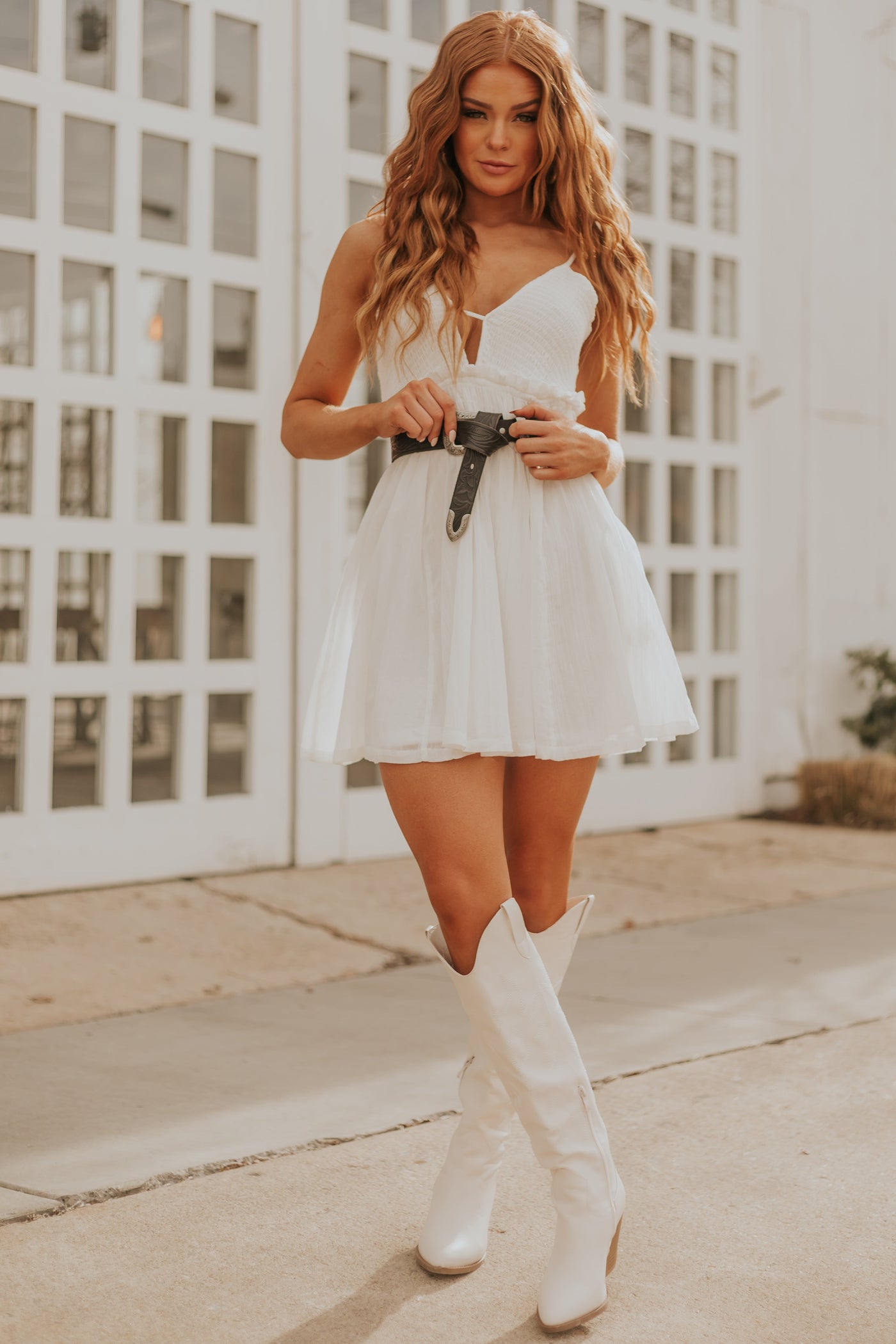 Off White Sleeveless Smocked Mini Dress