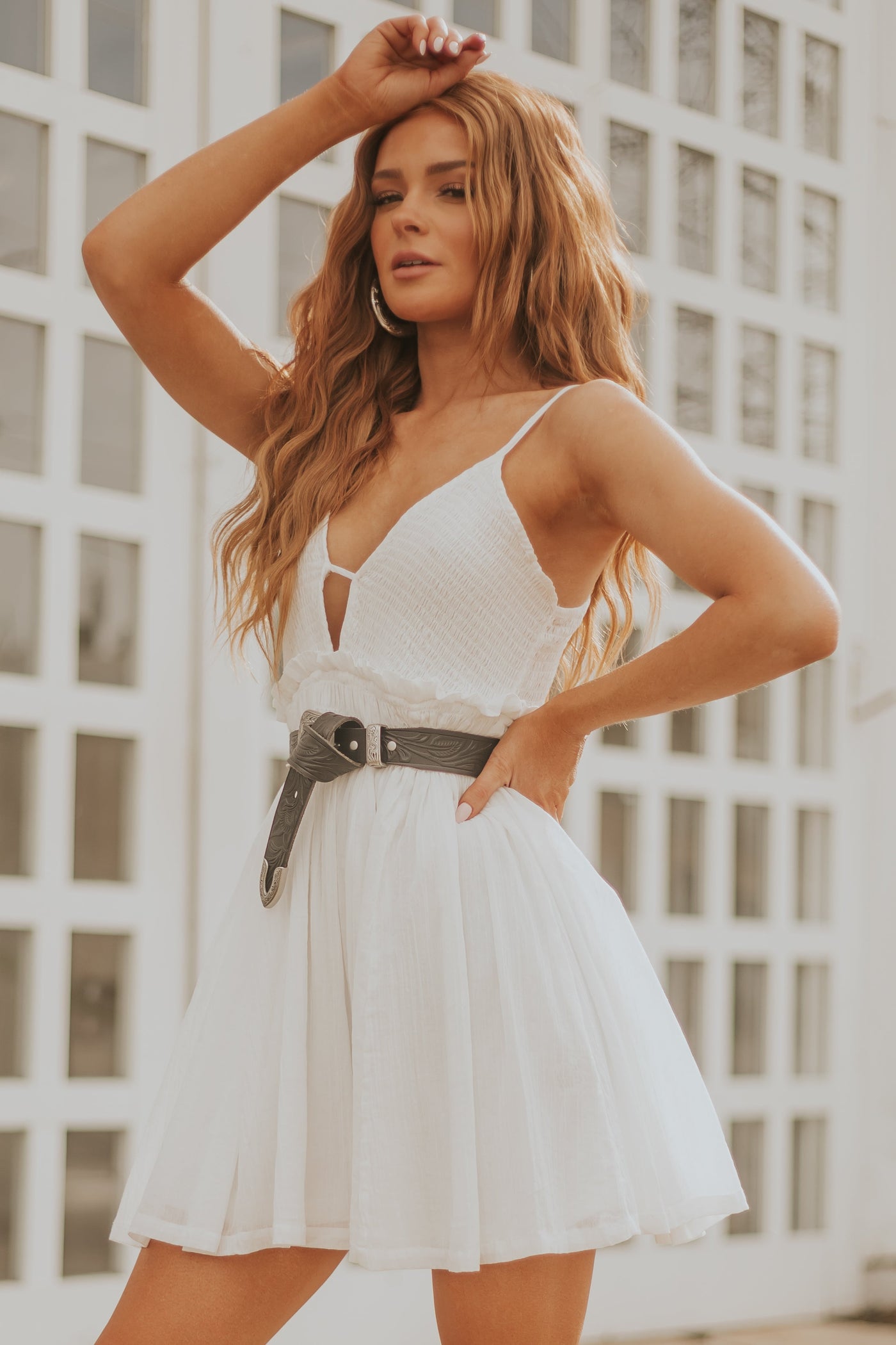 Off White Sleeveless Smocked Mini Dress