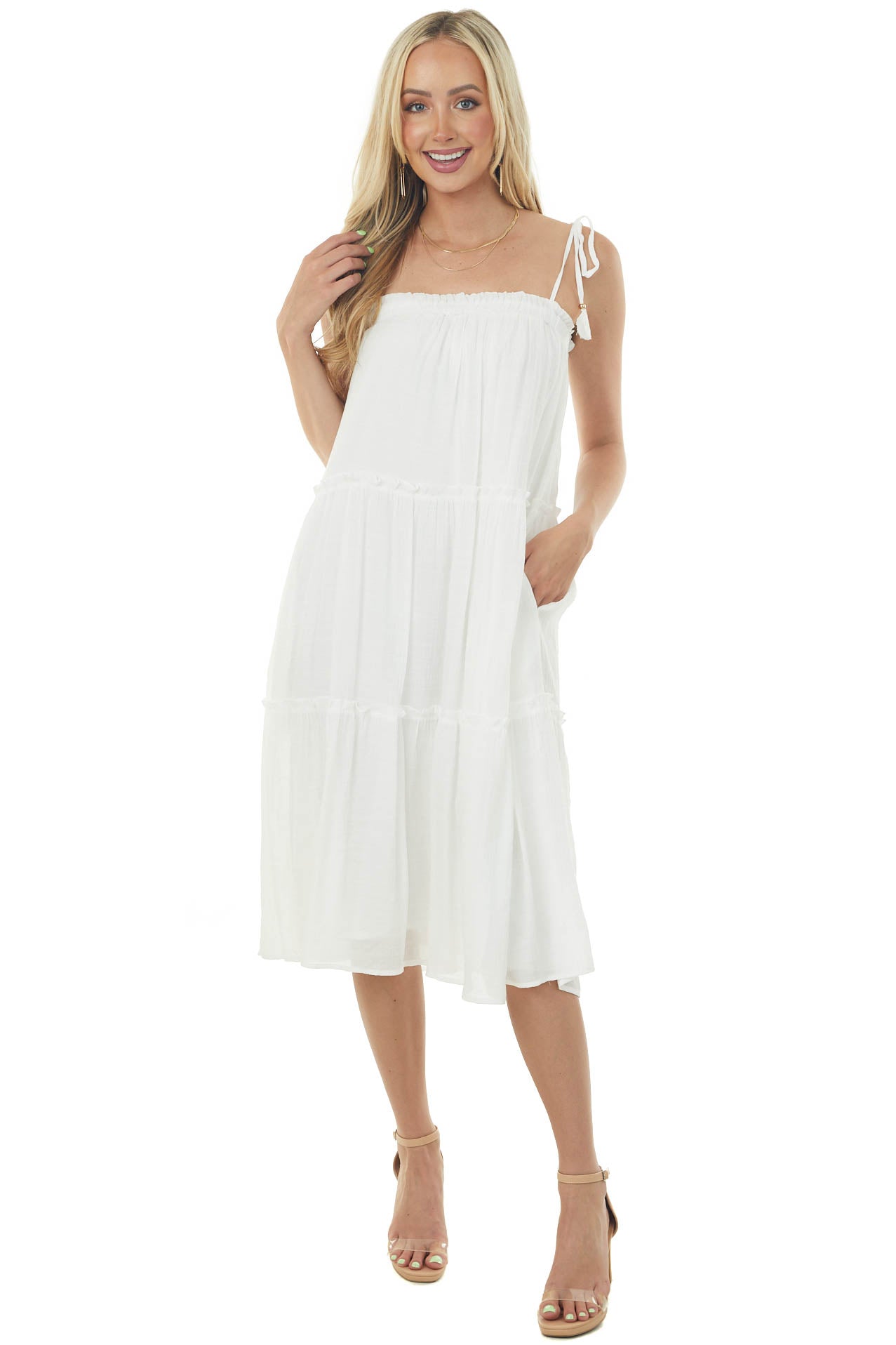 Off White Sleeveless Tiered Midi Dress