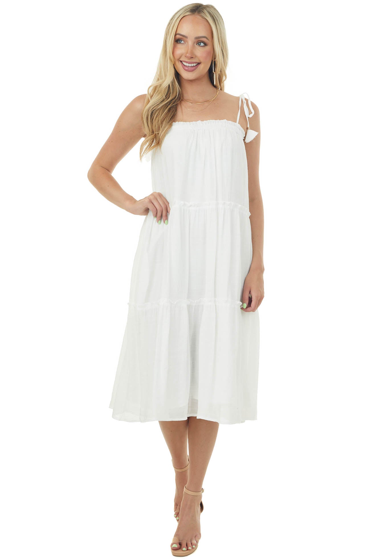 Off White Sleeveless Tiered Midi Dress