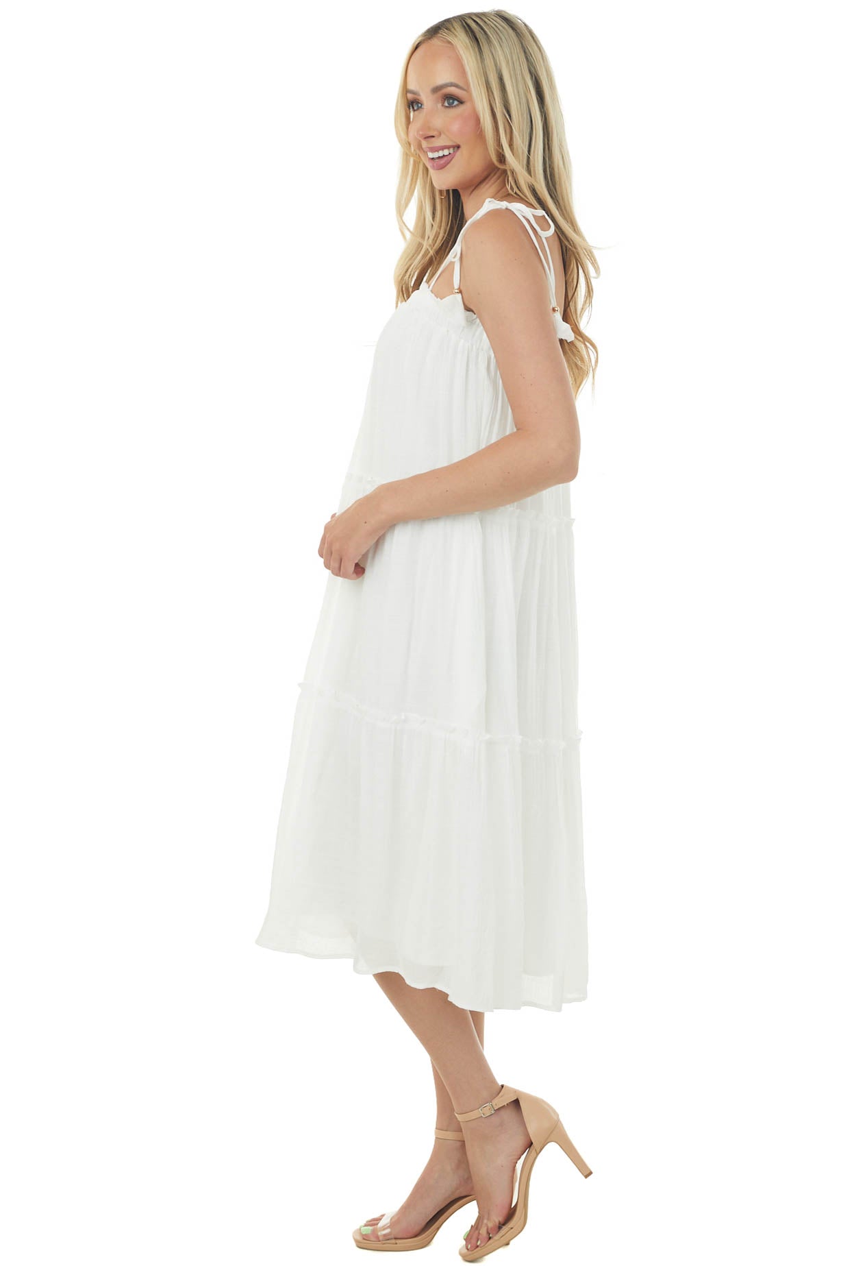 Off White Sleeveless Tiered Midi Dress