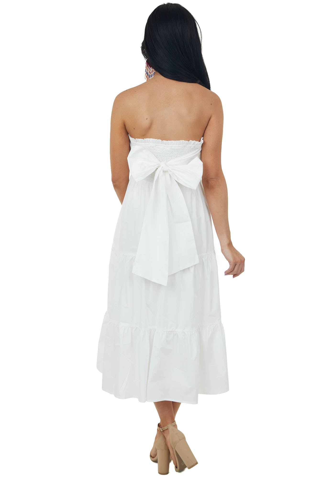 Off White Smocked Strapless Tiered Midi Dress