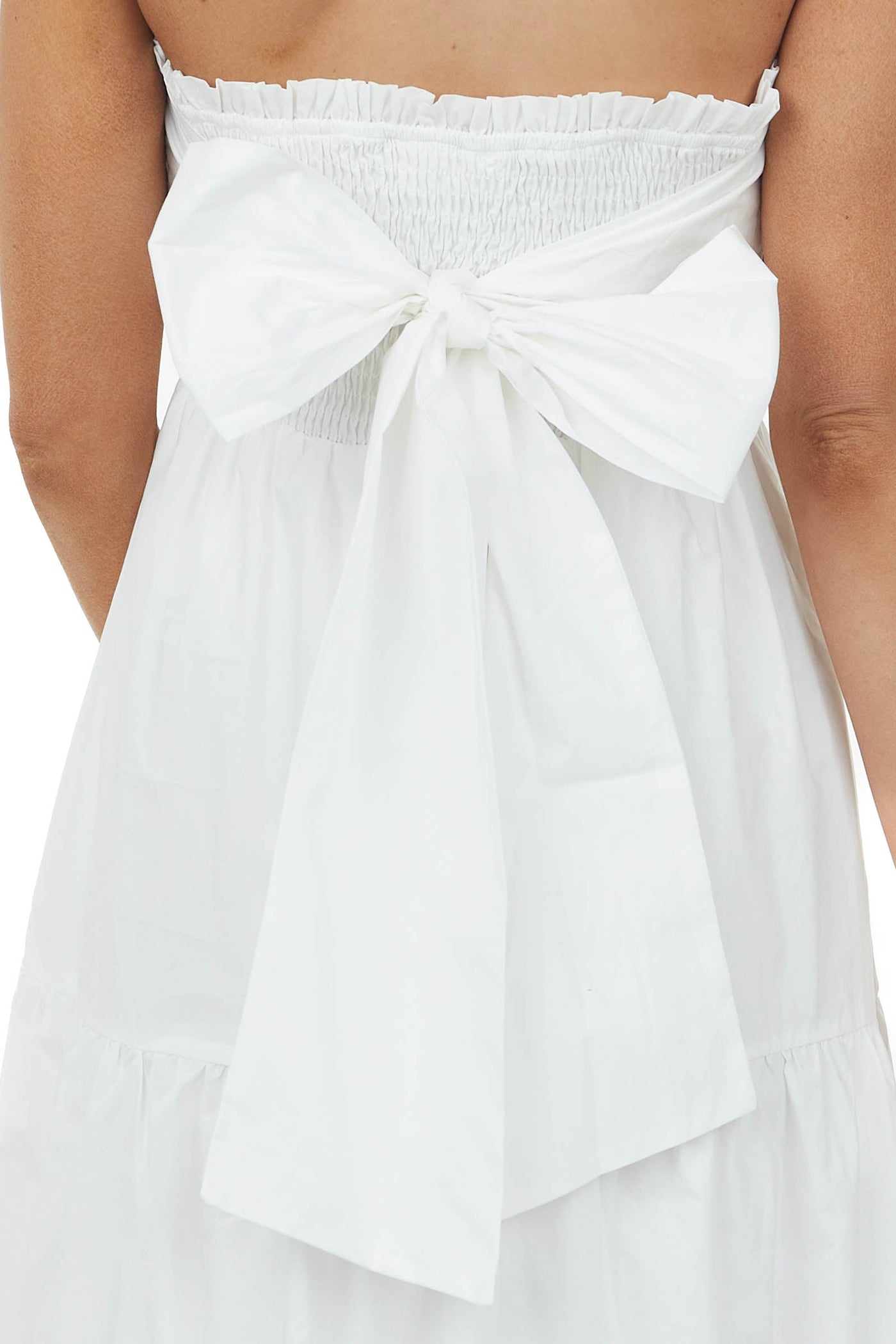 Off White Smocked Strapless Tiered Midi Dress