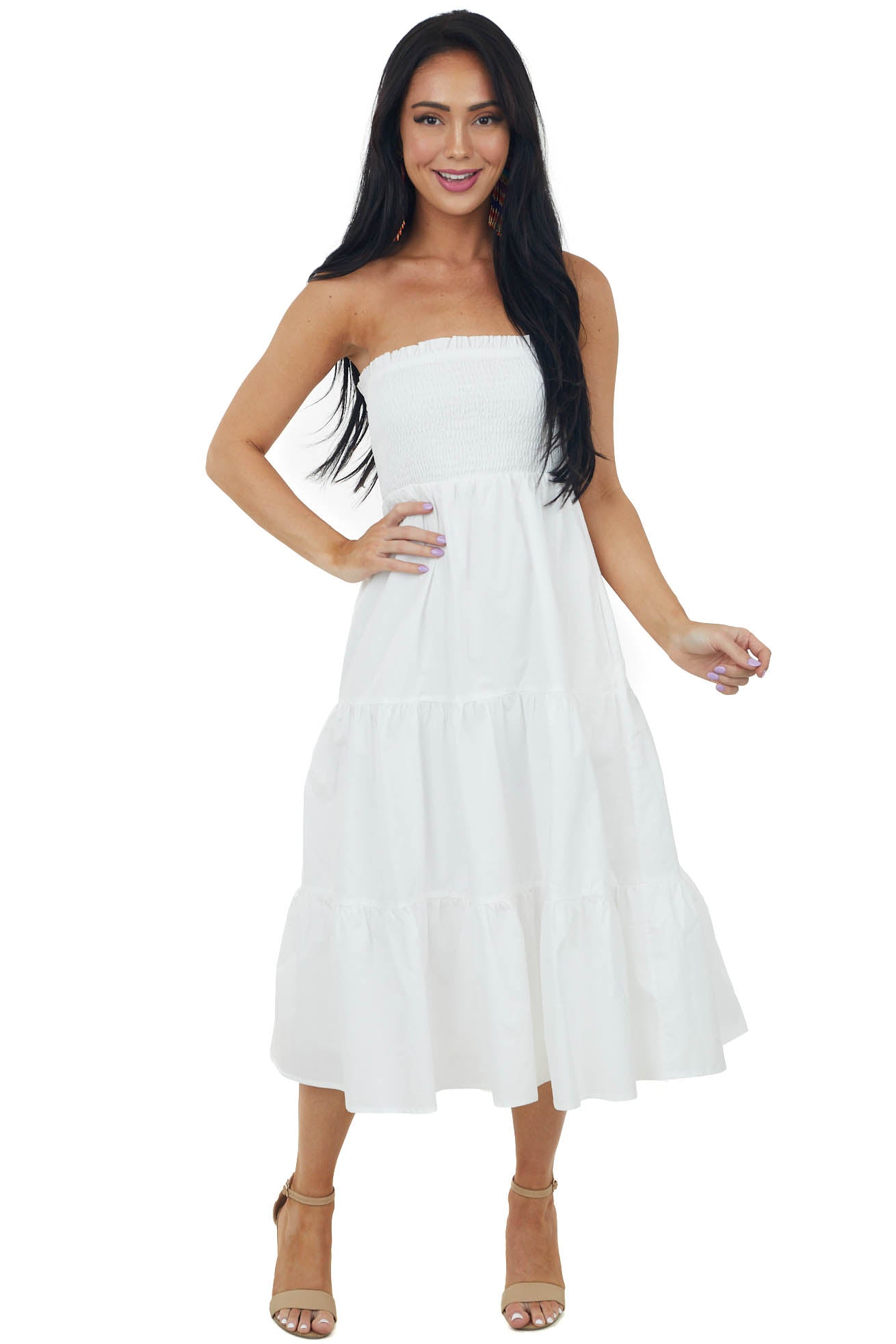 Off White Smocked Strapless Tiered Midi Dress
