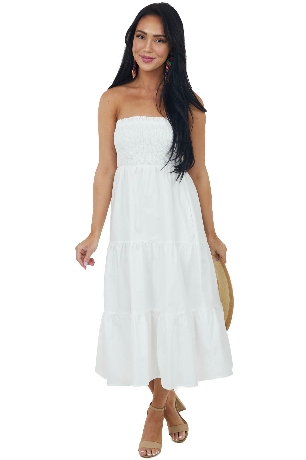 Off White Smocked Strapless Tiered Midi Dress