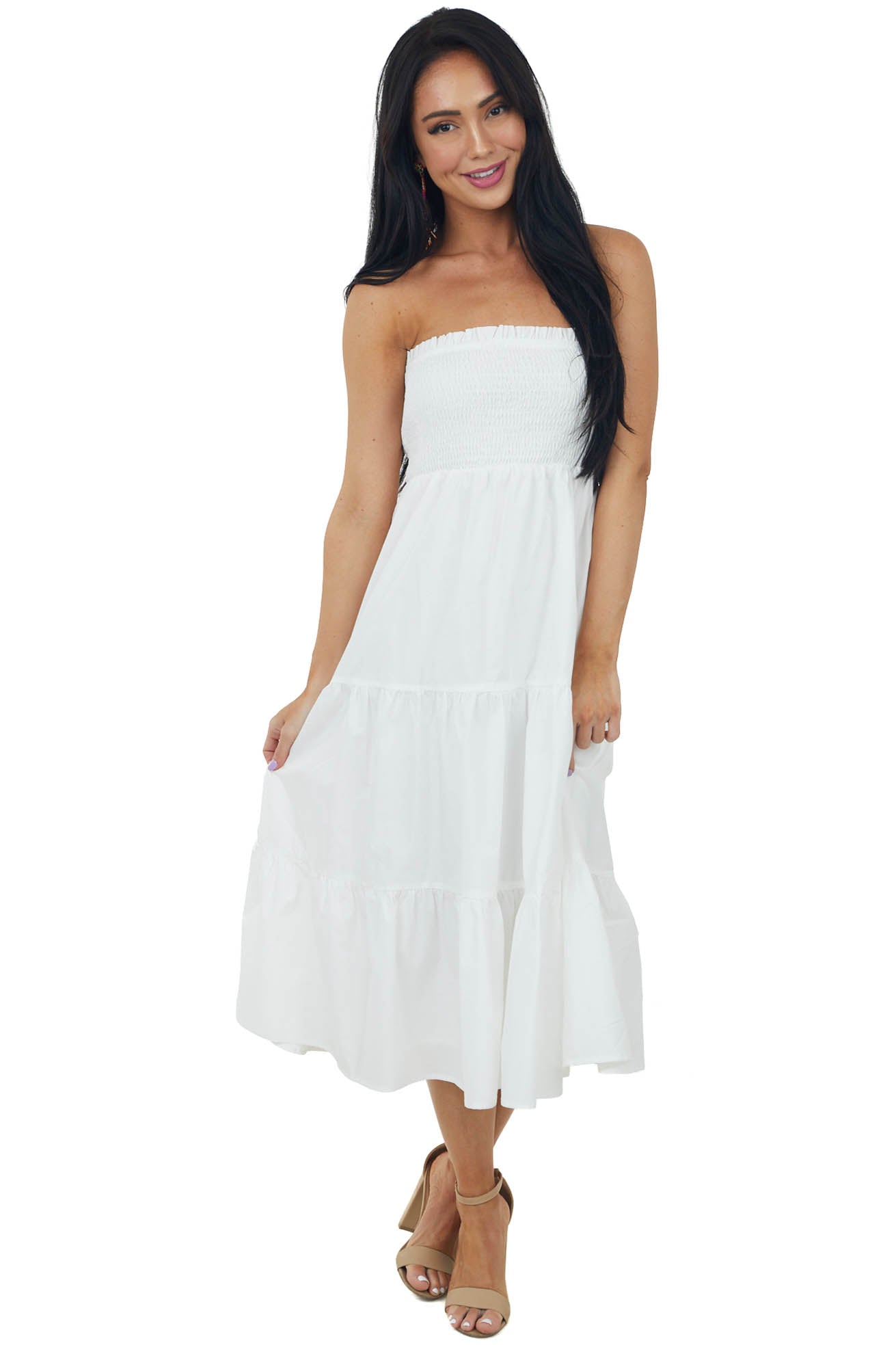 Off White Smocked Strapless Tiered Midi Dress