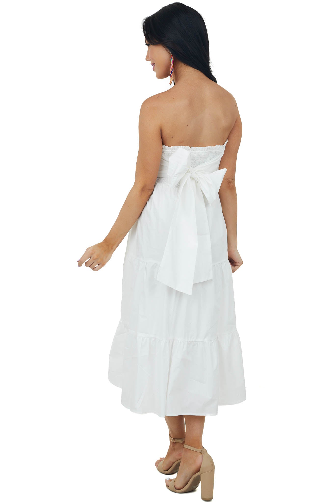 Off White Smocked Strapless Tiered Midi Dress