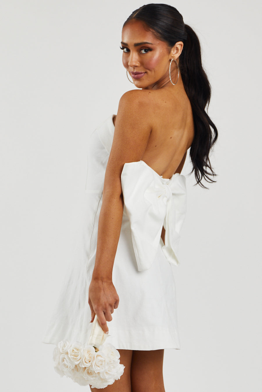 Off White Strapless Back Bow Detail Mini Dress