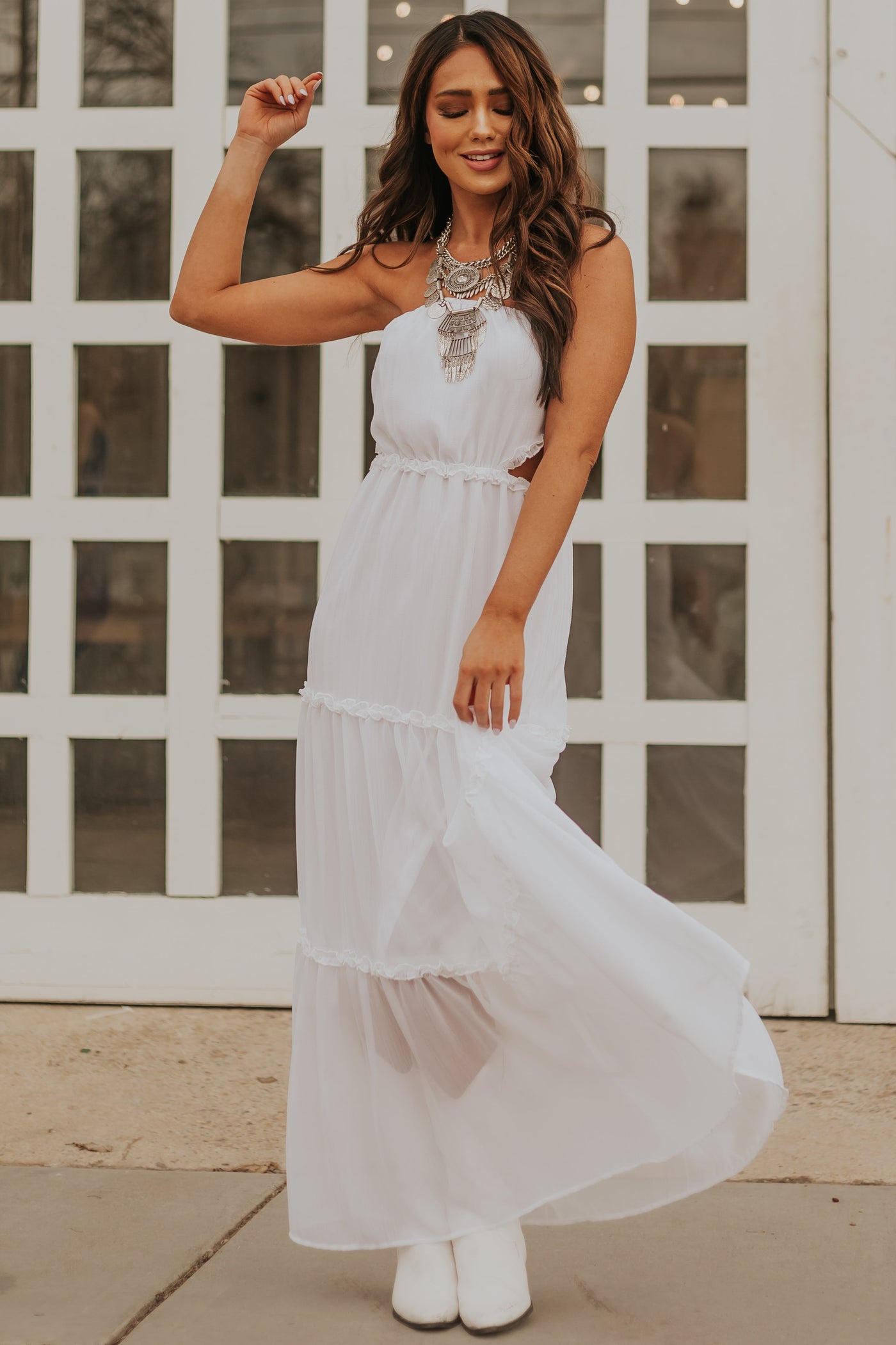 Off White Strapless Maxi Dress with Side Cut Outs
