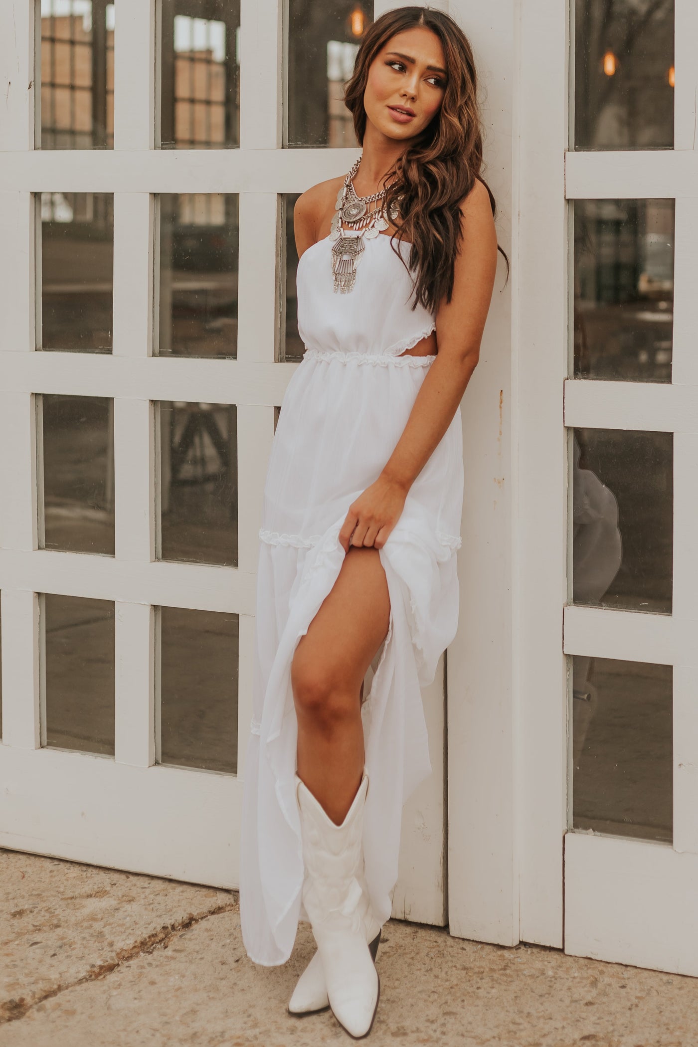 Off White Strapless Maxi Dress with Side Cut Outs