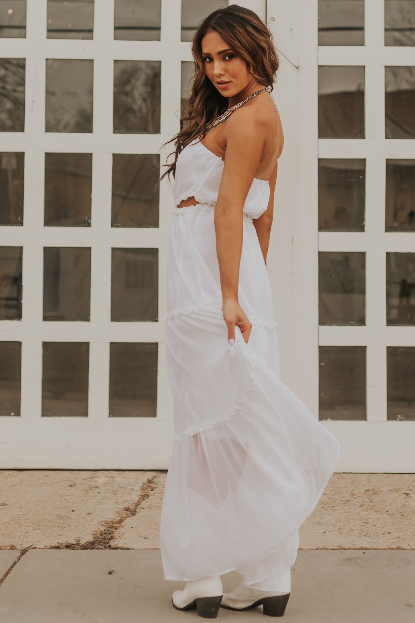 Off White Strapless Maxi Dress with Side Cut Outs