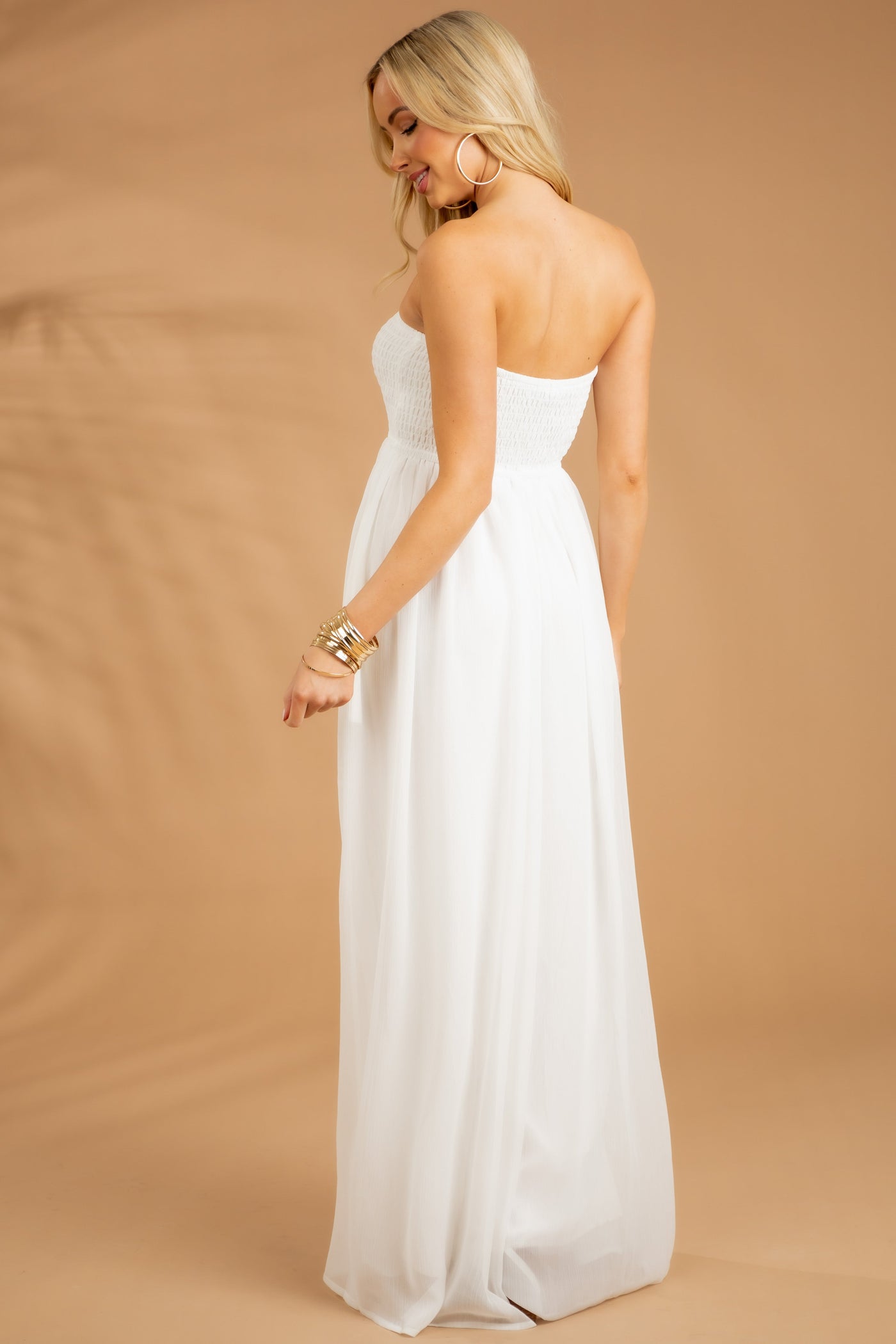 Off White Strapless Smocked Wide Leg Jumpsuit
