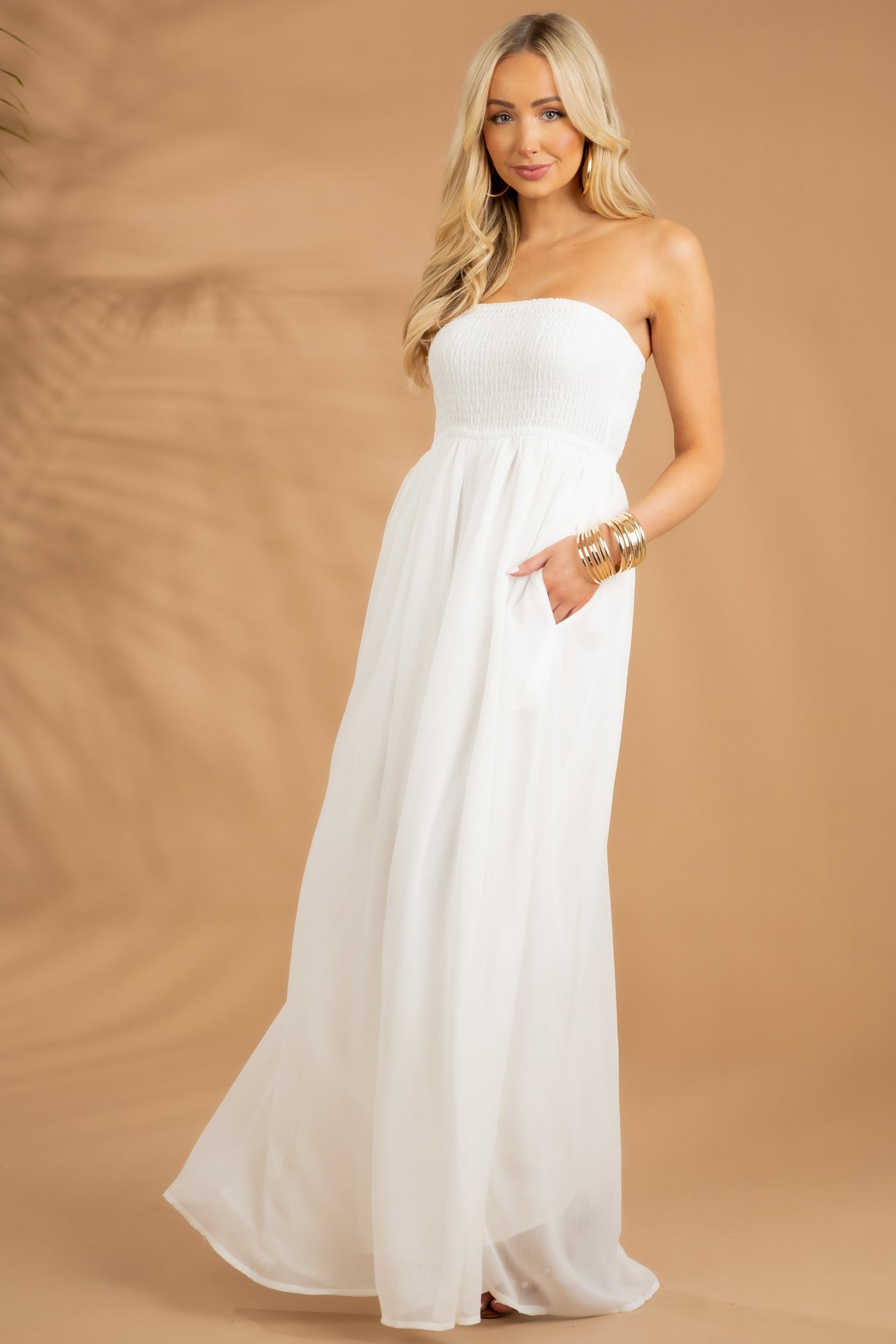 Off White Strapless Smocked Wide Leg Jumpsuit