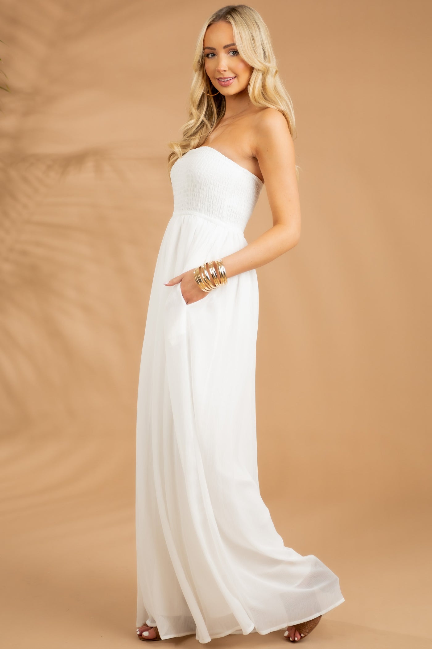 Off White Strapless Smocked Wide Leg Jumpsuit