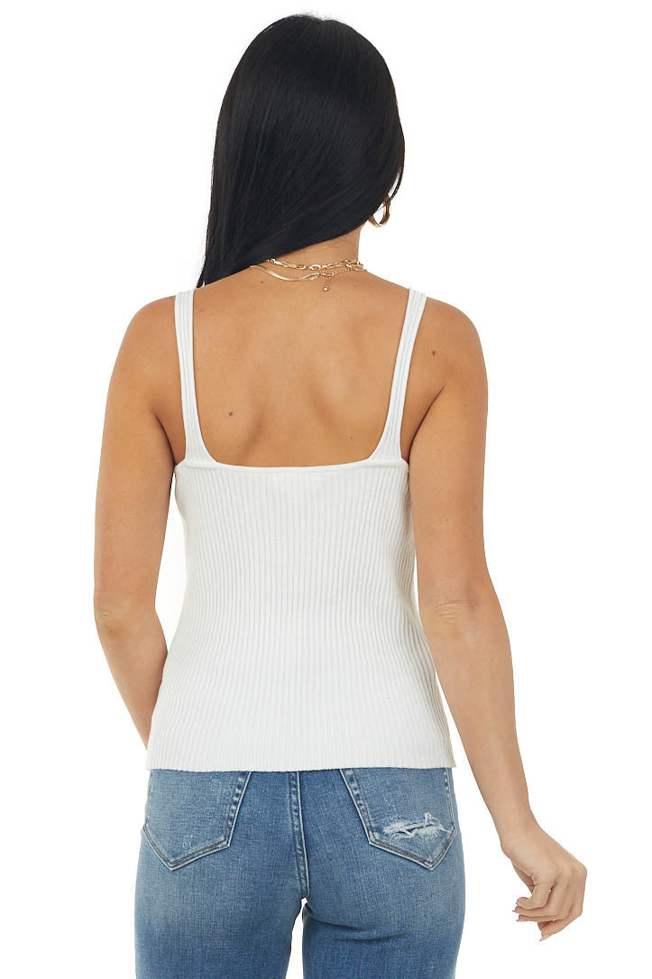 Off White Stretchy Ribbed Knit V Neck Tank Top