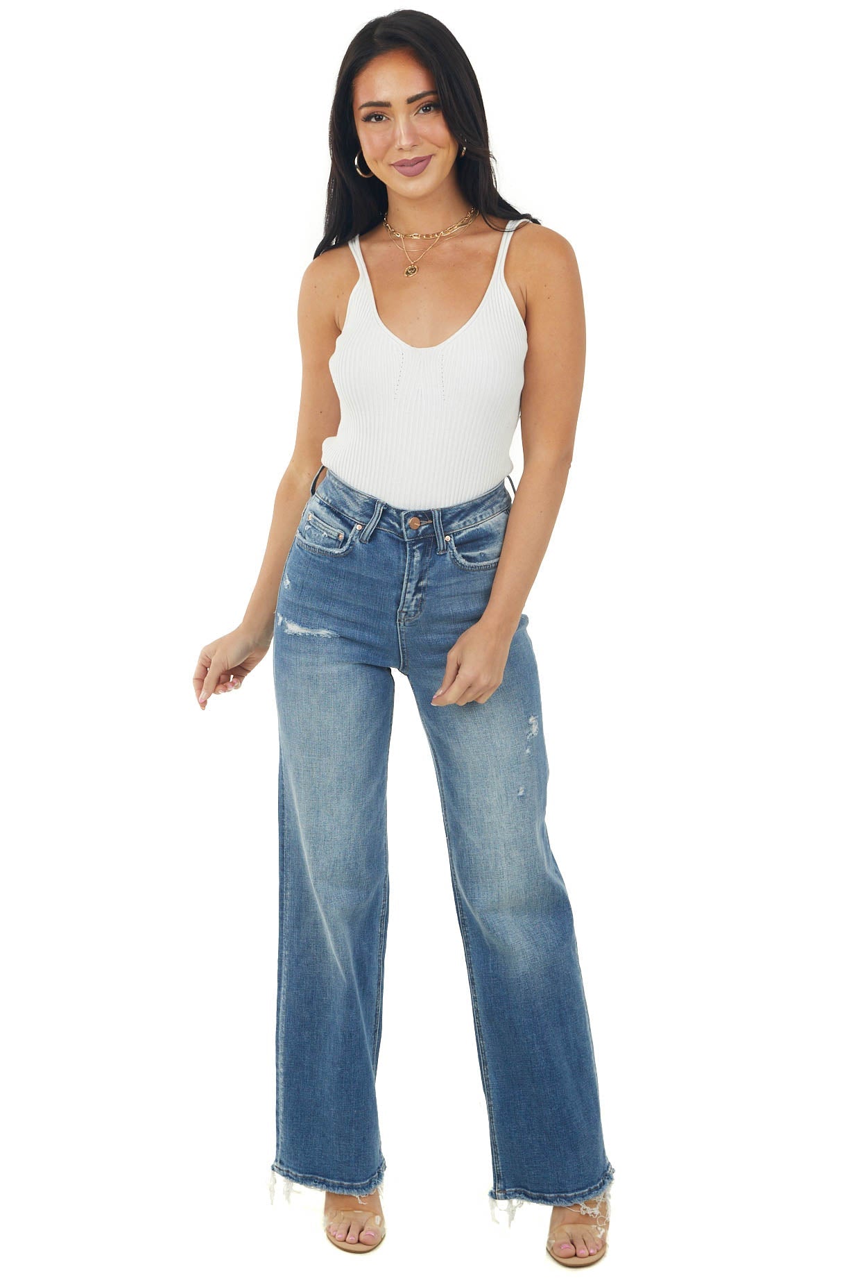 Off White Stretchy Ribbed Knit V Neck Tank Top