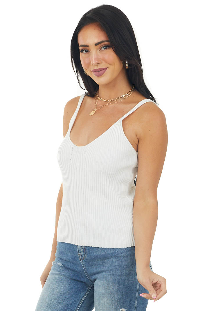 Off White Stretchy Ribbed Knit V Neck Tank Top