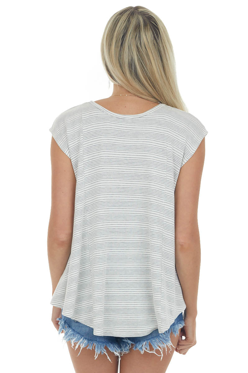 Off White Striped V Neck Cap Sleeve Knit Top