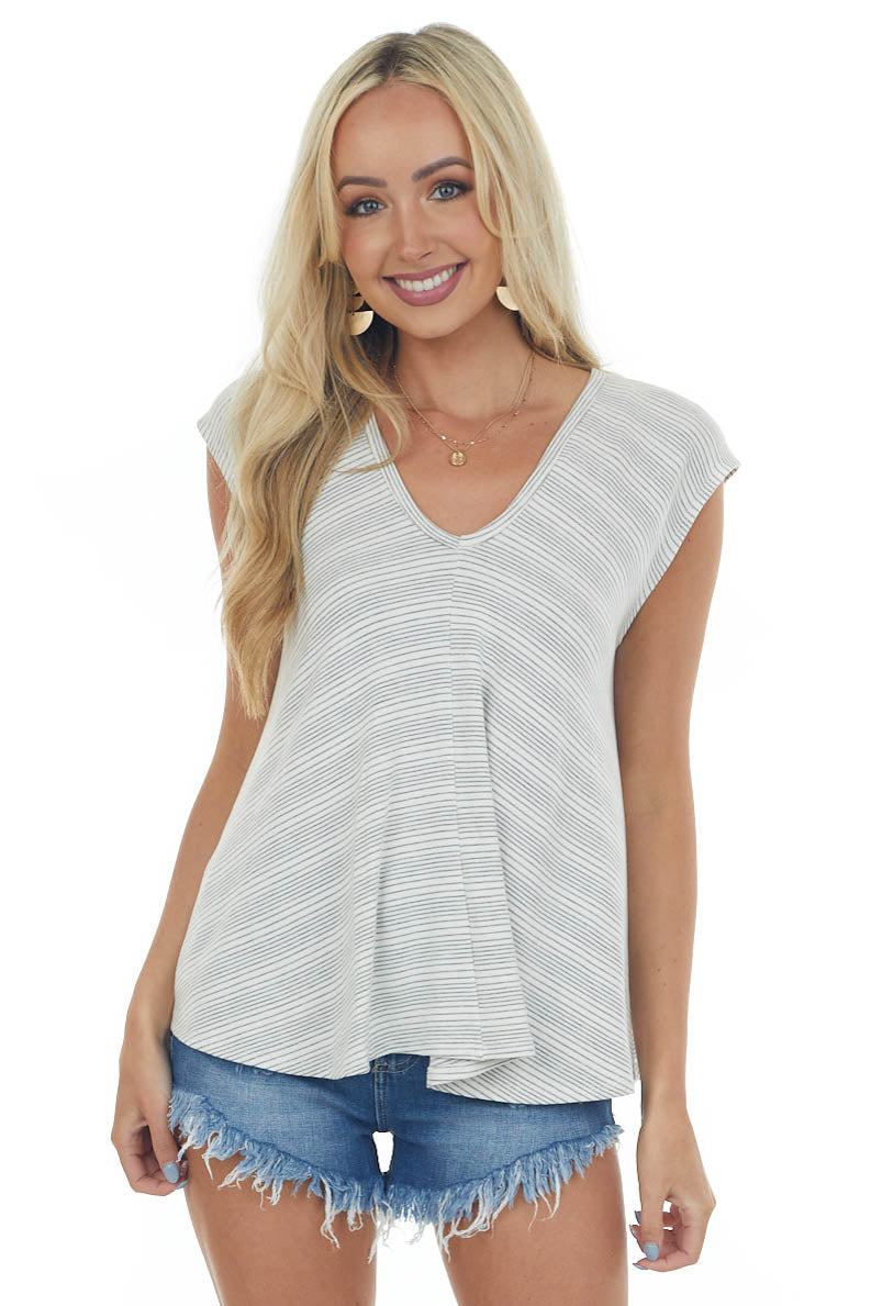 Off White Striped V Neck Cap Sleeve Knit Top