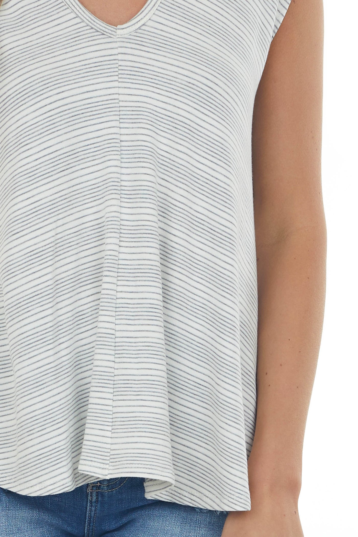 Off White Striped V Neck Cap Sleeve Knit Top