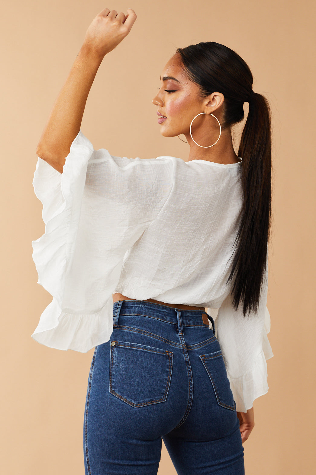 Off White Surplice Cropped Linen Textured Blouse