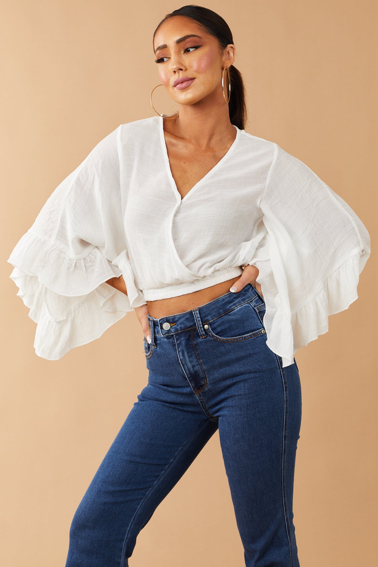 Off White Surplice Cropped Linen Textured Blouse