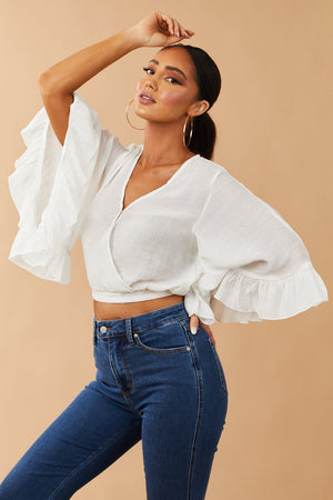 Off White Surplice Cropped Linen Textured Blouse