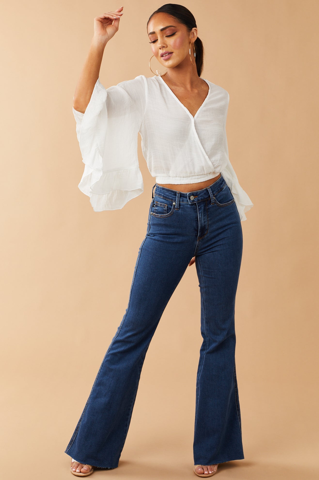 Off White Surplice Cropped Linen Textured Blouse