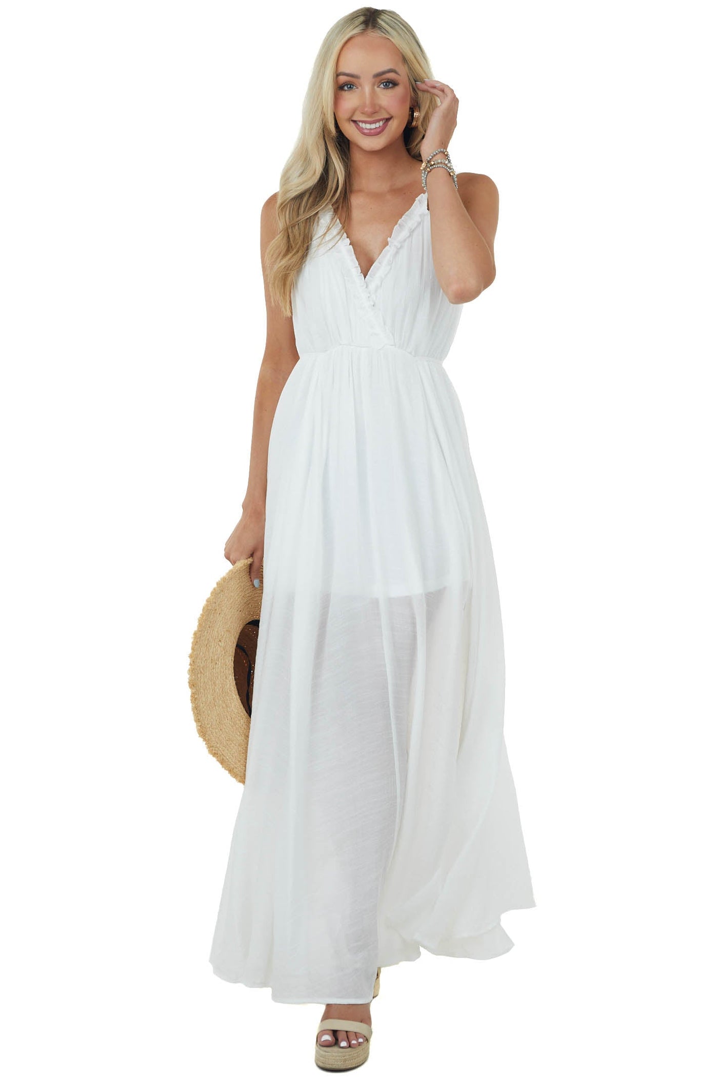 Off White Surplice Maxi Dress with Deep Side Slit