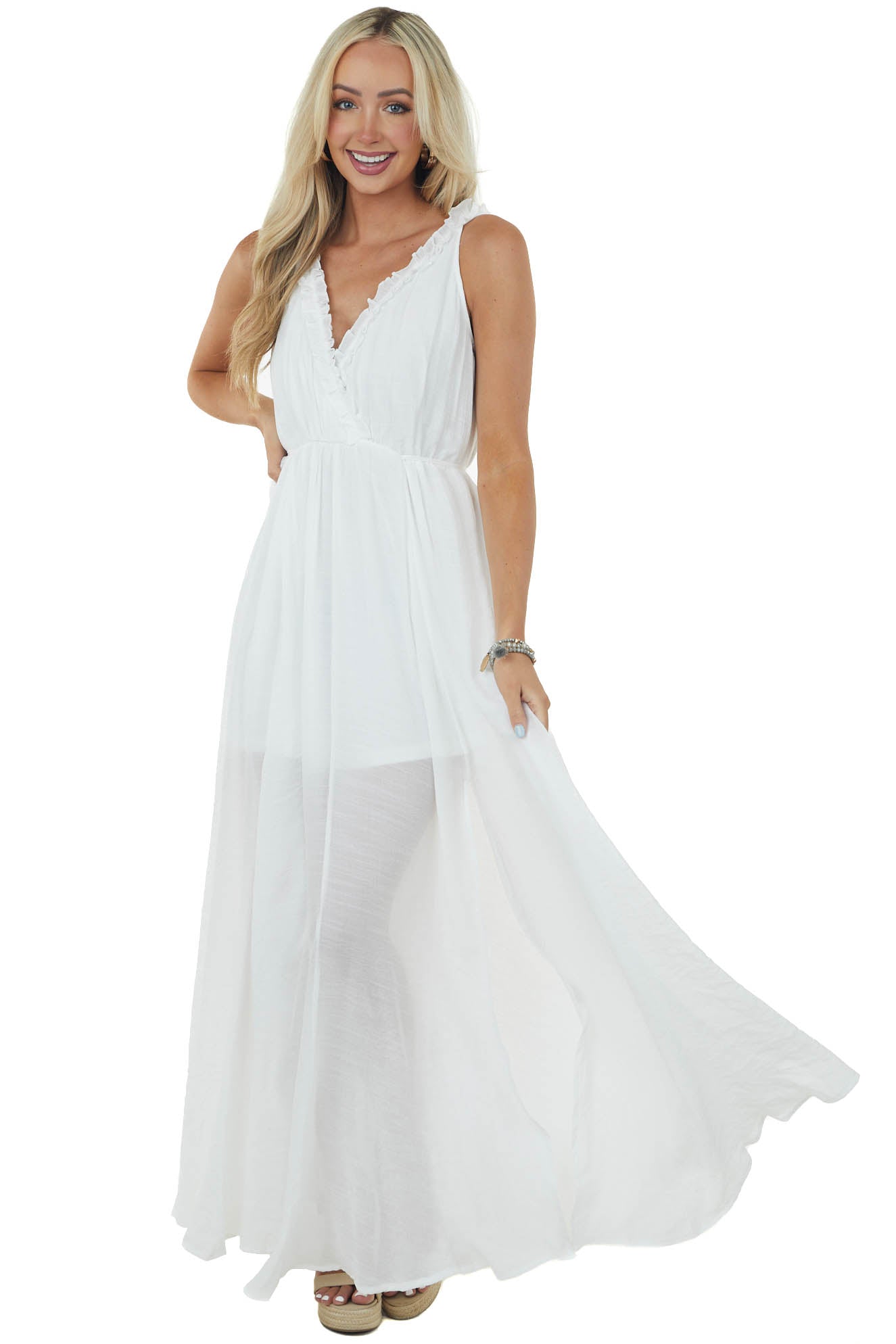 Off White Surplice Maxi Dress with Deep Side Slit
