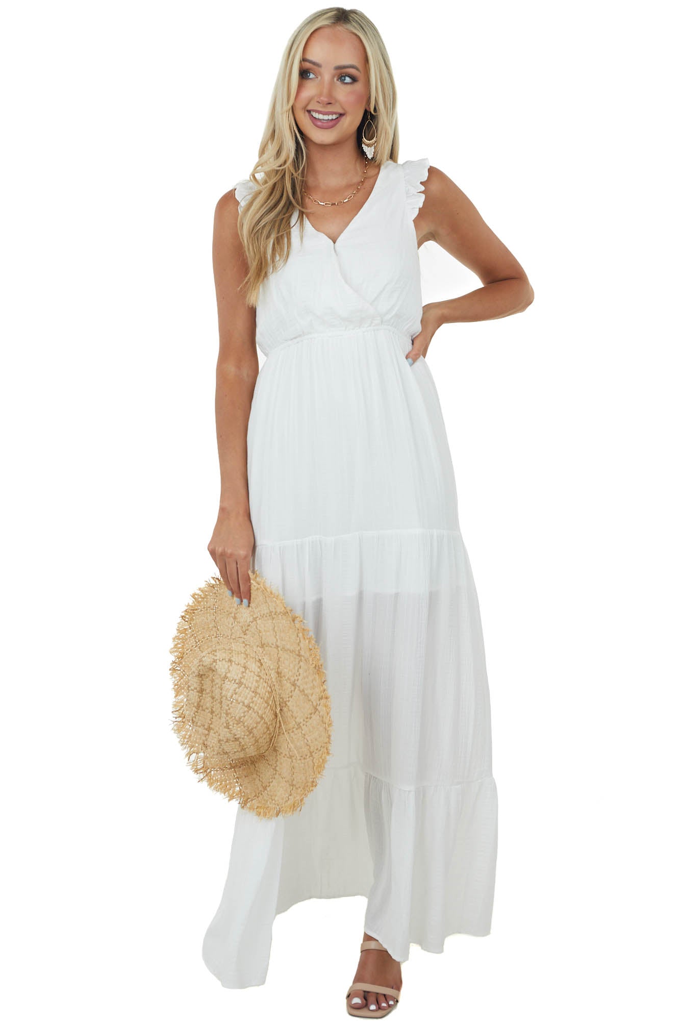 Off White Surplice Tiered Strappy Back Maxi Dress