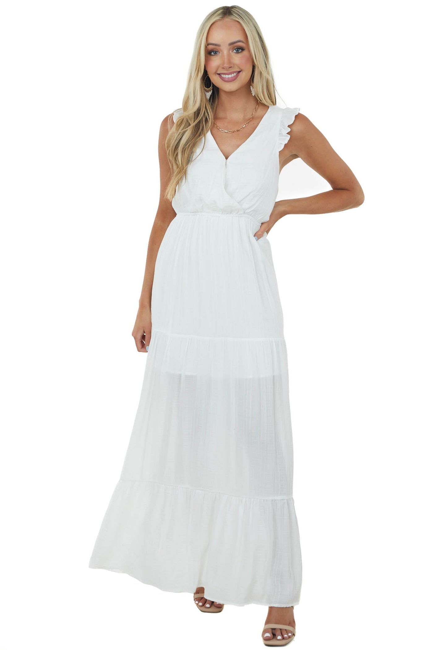 Off White Surplice Tiered Strappy Back Maxi Dress