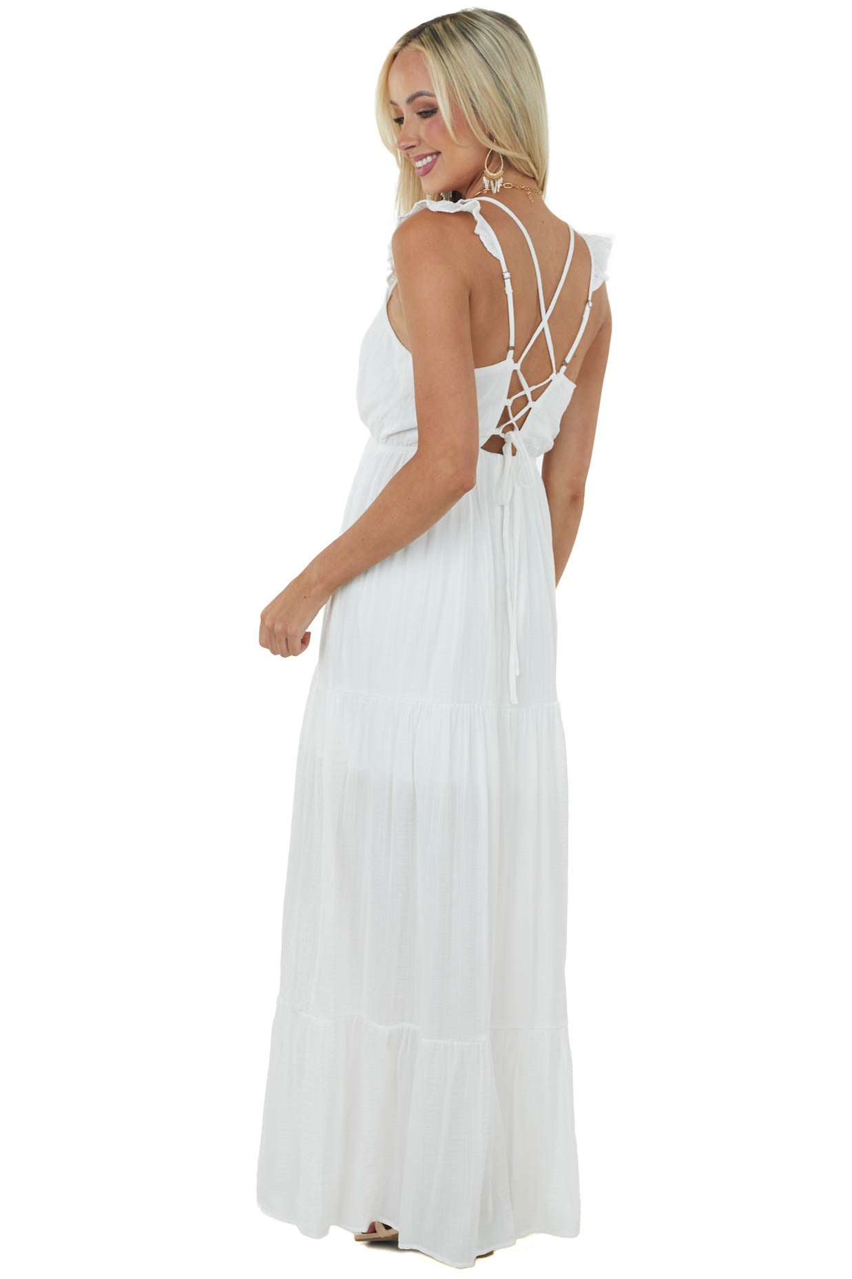 Off White Surplice Tiered Strappy Back Maxi Dress