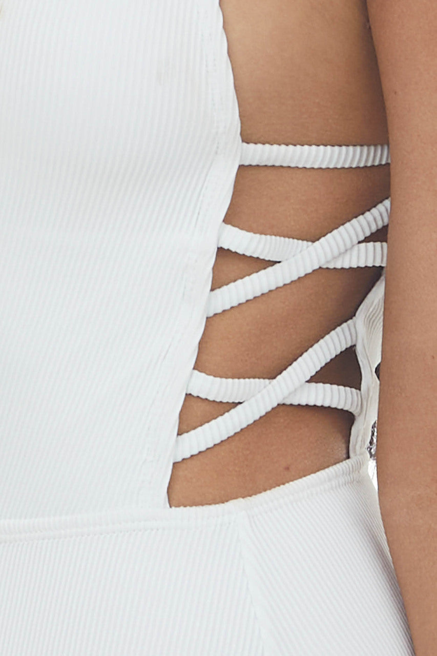 Off White Textured One Piece Swimsuit with Halter Neckline 