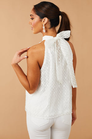 Off White Textured Polka Dot Halter Neck Blouse