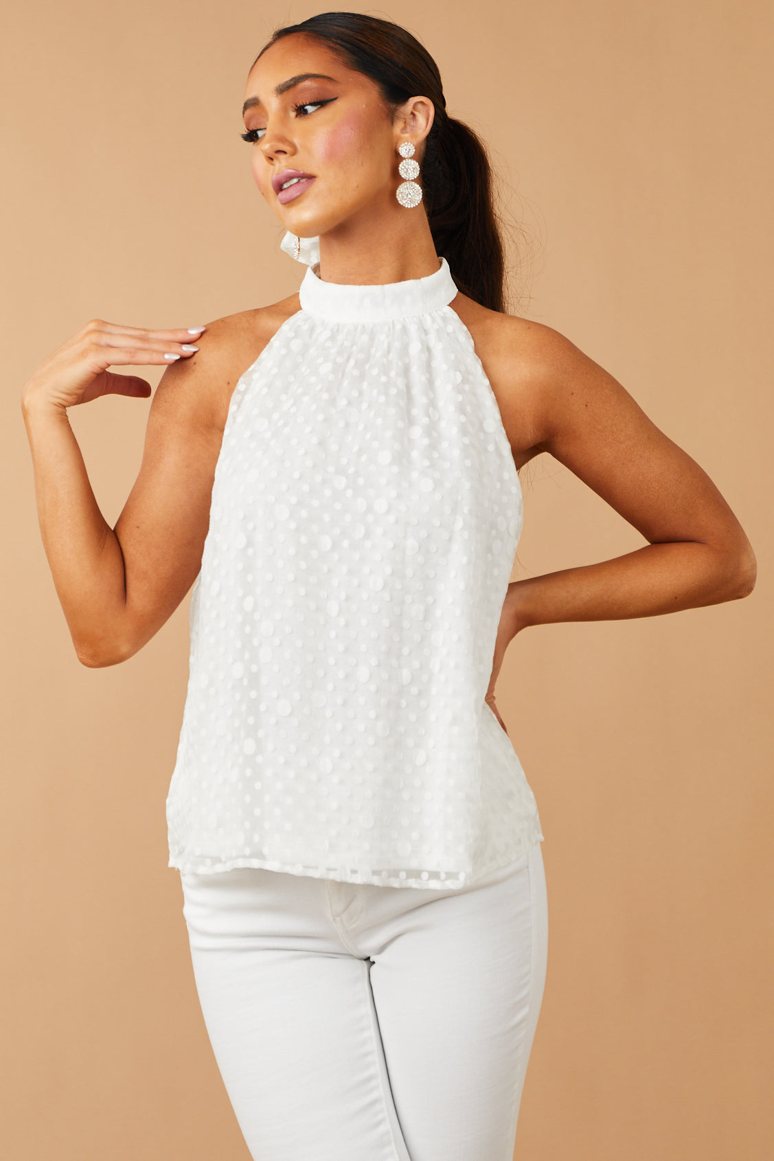 Off White Textured Polka Dot Halter Neck Blouse
