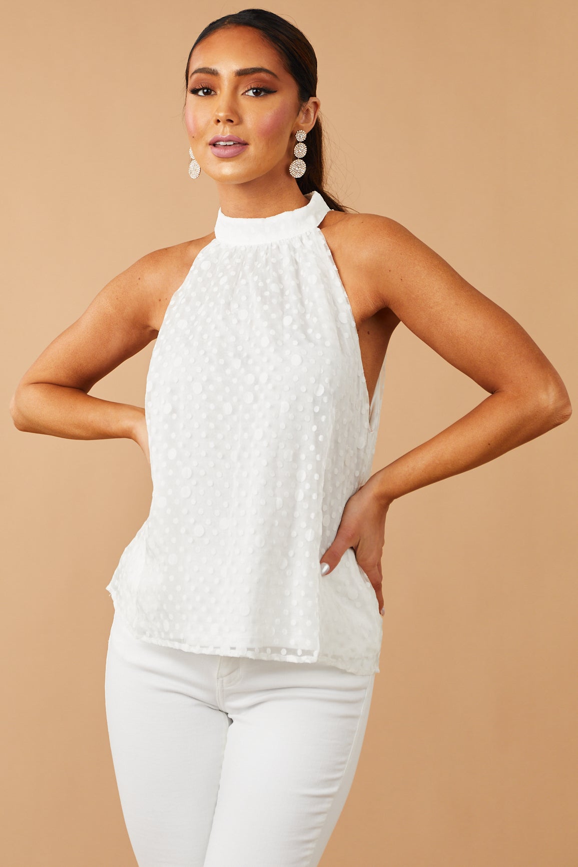 Off White Textured Polka Dot Halter Neck Blouse
