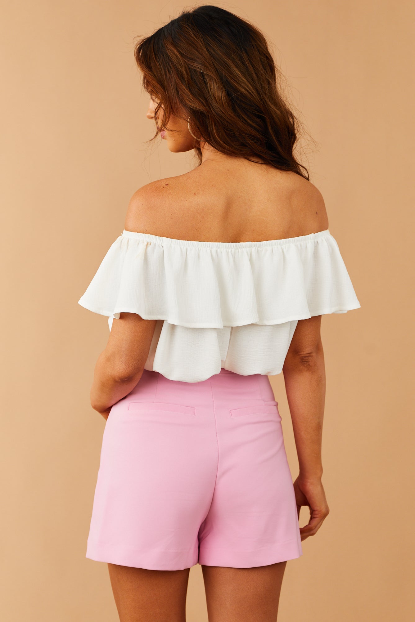 Off White Textured Ruffle Off Shoulder Crop Top