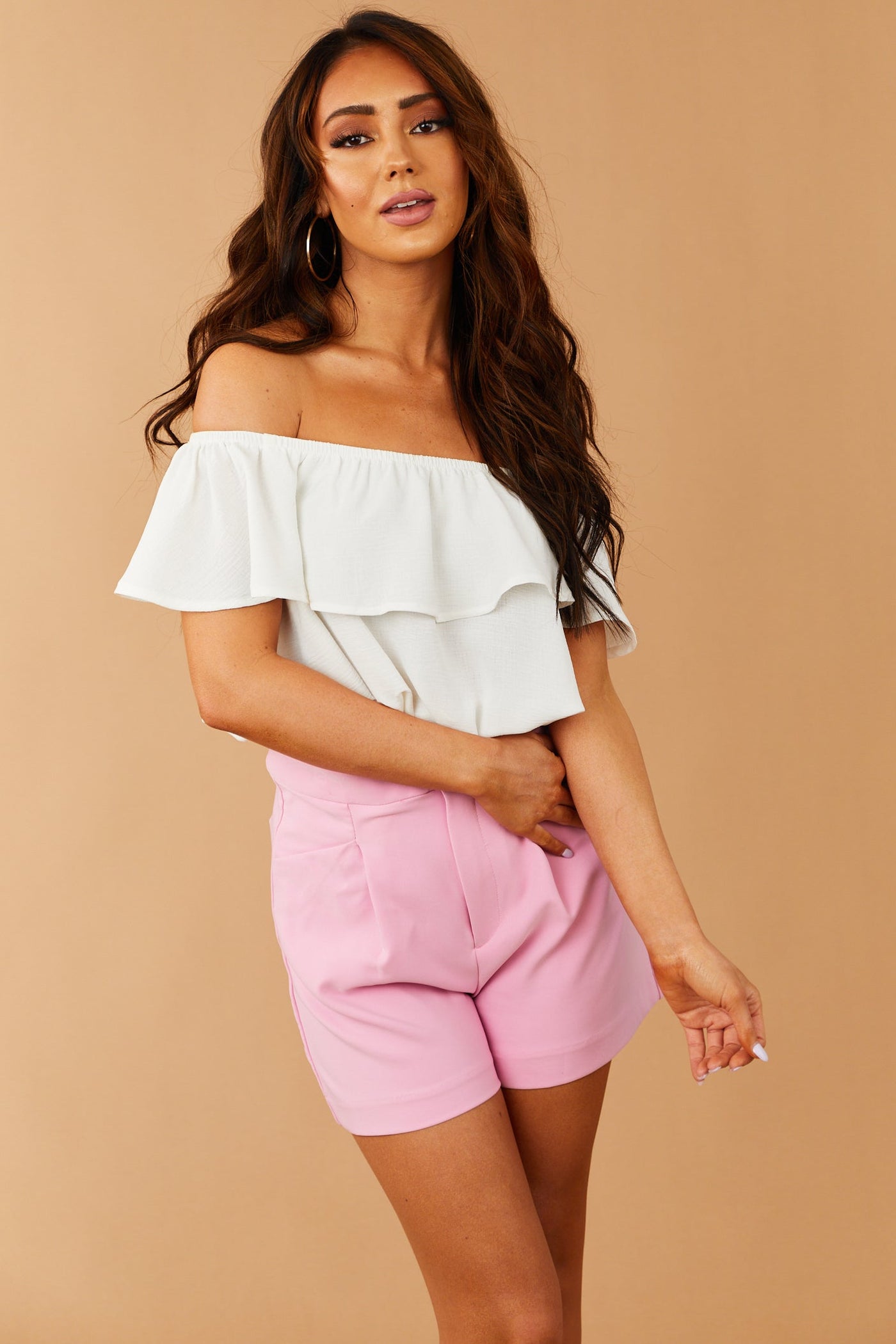 Off White Textured Ruffle Off Shoulder Crop Top