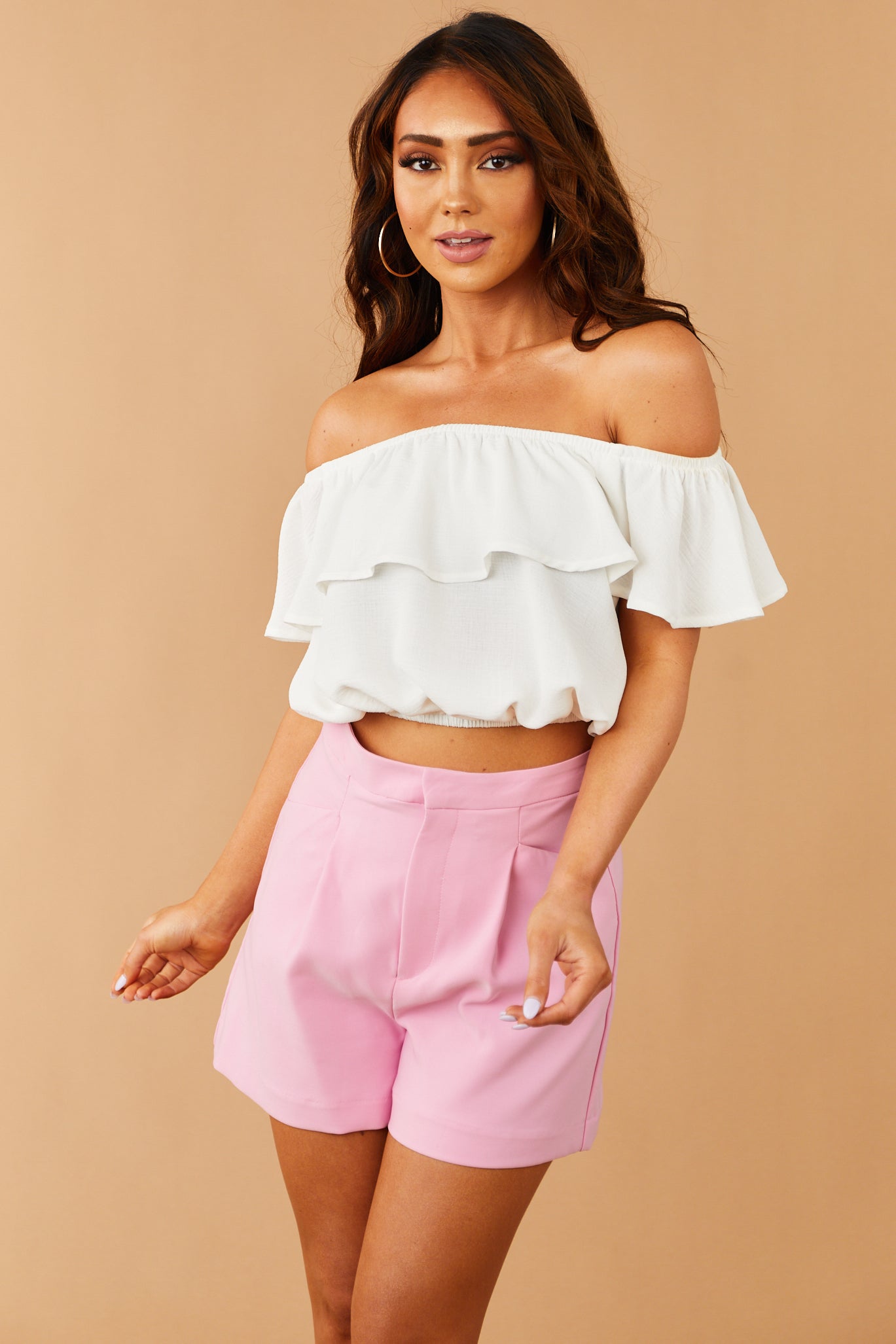 Off White Textured Ruffle Off Shoulder Crop Top